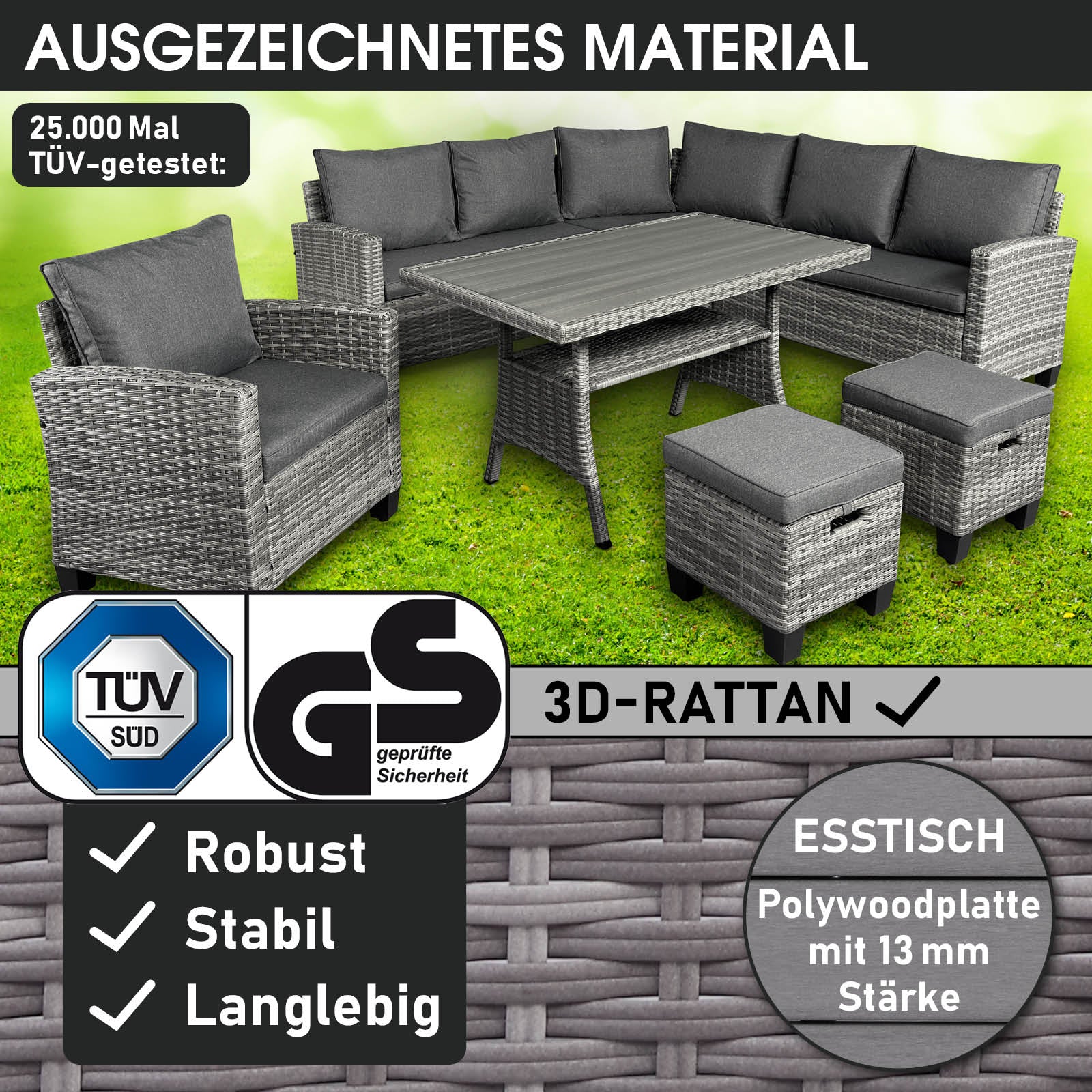 Graue Polyrattan Eck Sitzgruppe mit grauen Polstern, Gartentisch und Hockern, stabile Gartenmöbel Sitzgruppe.