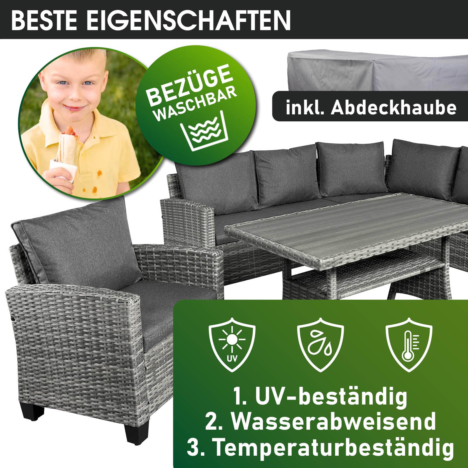 Grau-anthrazit Polyrattan Gartengarnitur mit Ecksofa, Tisch und waschbaren Bezügen, UV-beständig und wasserabweisend,.