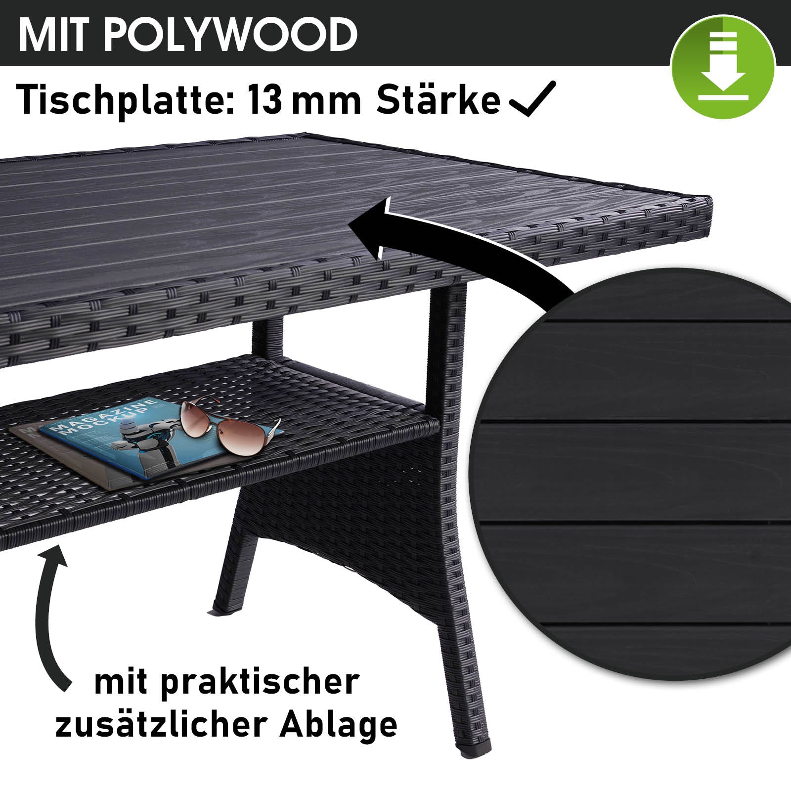 Schwarze Polyrattan Gartengarnitur mit praktischer Ablage und 13 mm Polywood Tischplatte, Sitzgruppe Garten, Balkon.