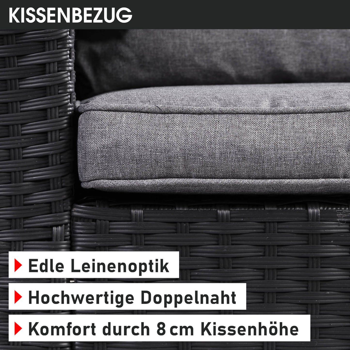Eck Sitzgruppe Garten aus schwarzem Polyrattan mit grauen Leinenkissen, hochwertige Naht, 8 cm Kissenhöhe, gartengarnitur,.