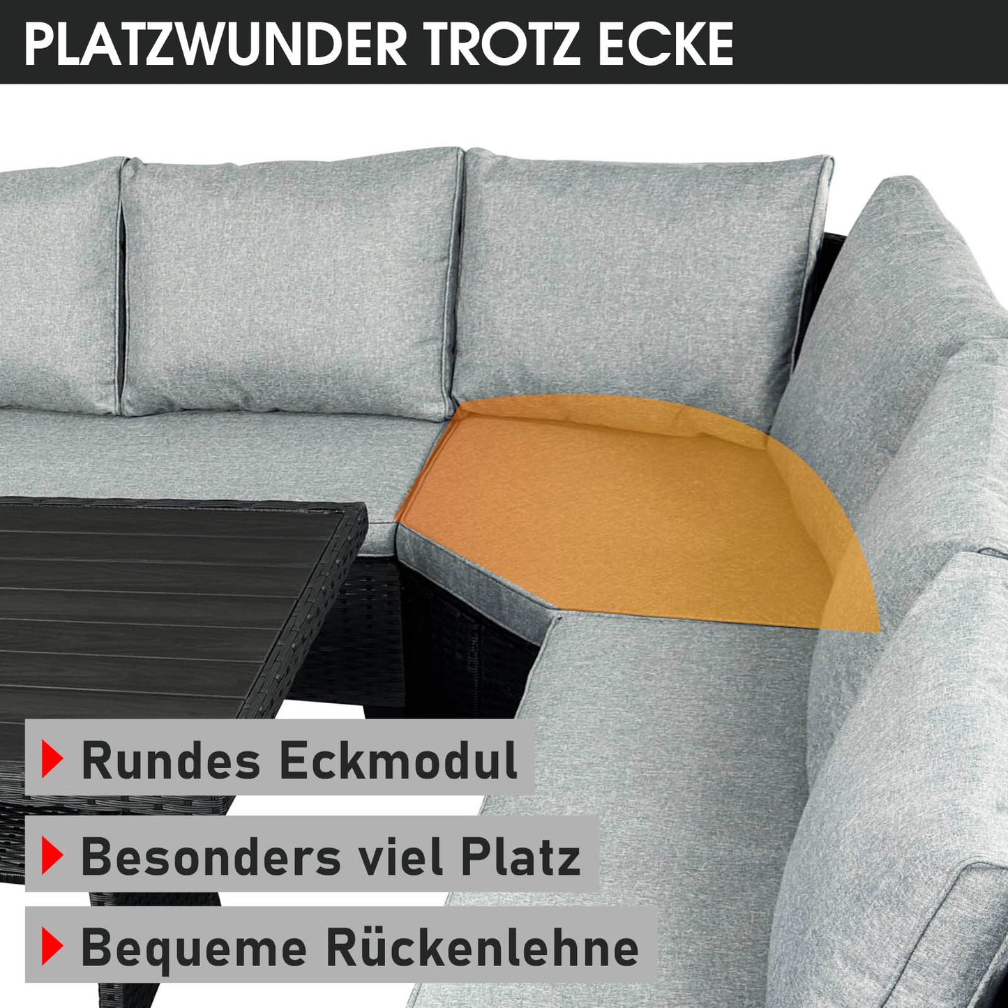 Schwarze Polyrattan Gartengarnitur Eckmodul mit grauen Kissen, bequeme Rückenlehne, rattan sitzgruppe gartenmöbel sitzgruppe .