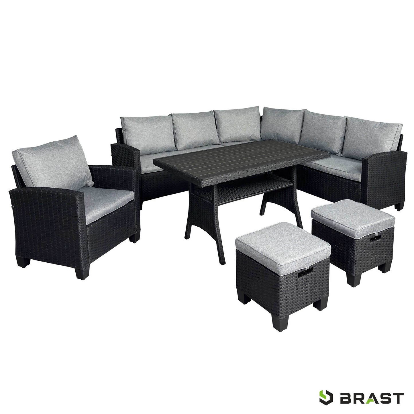 Schwarze Polyrattan Sitzgruppe mit grauen Kissen, Ecksofa, Sessel und zwei Hockern, gartengarnitur, rattan sitzgruppe,.
