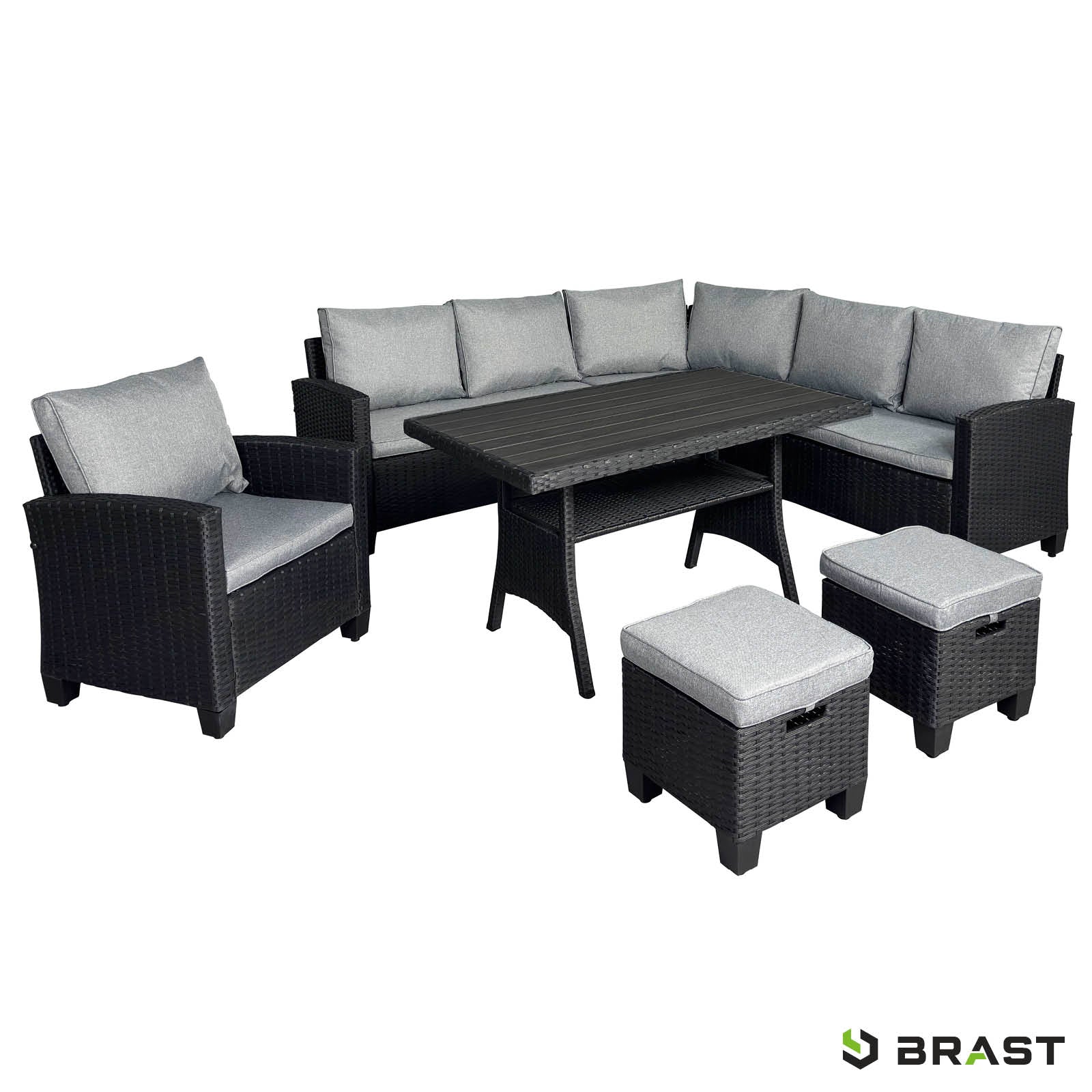 Schwarze Polyrattan Sitzgruppe mit grauen Kissen, Ecksofa, Sessel und zwei Hockern, gartengarnitur, rattan sitzgruppe,.