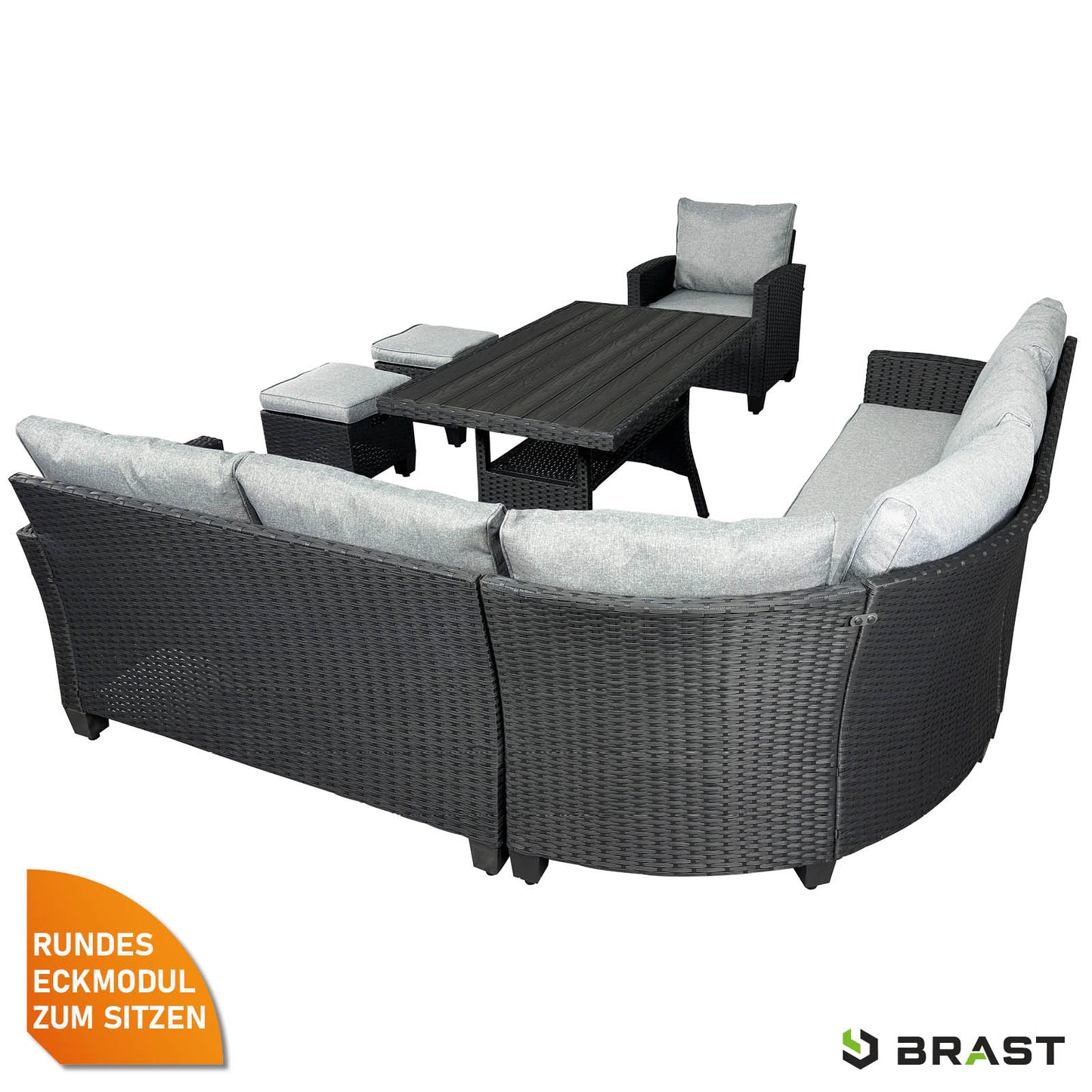 Polyrattan Sitzgruppe Garten in Schwarz-Grau mit grauen Kissen, Eckgartengarnitur für Balkon und Gartenmöbel Sitzgruppe.
