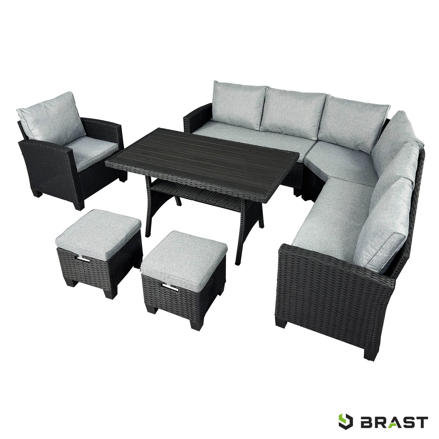 Schwarze Polyrattan Gartengarnitur mit grauen Polstern, Ecklösung, Stuhl, Tisch und zwei Hockern, moderne Sitzgruppe Garten.
