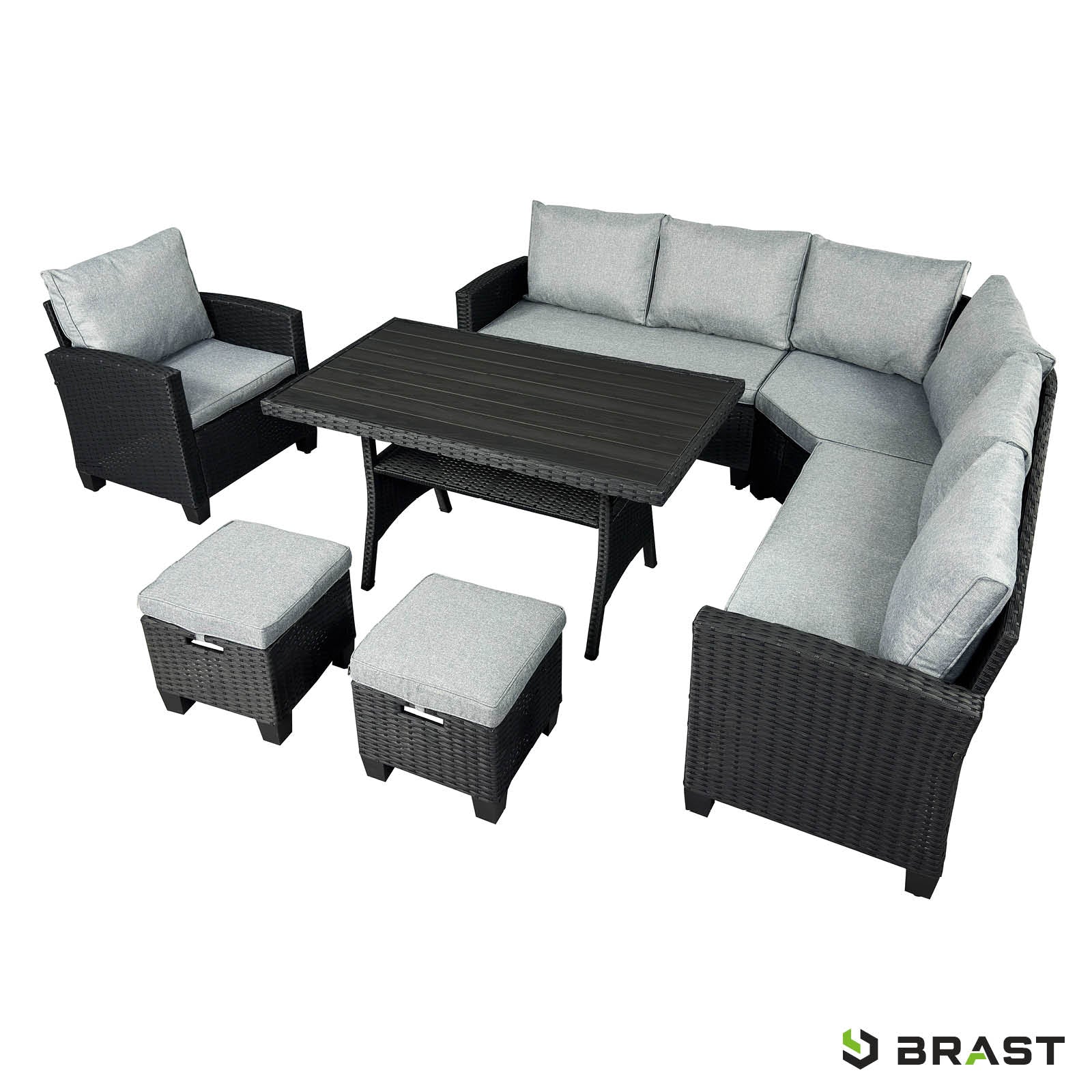 Schwarze Polyrattan Gartengarnitur mit grauen Polstern, Ecklösung, Stuhl, Tisch und zwei Hockern, moderne Sitzgruppe Garten.