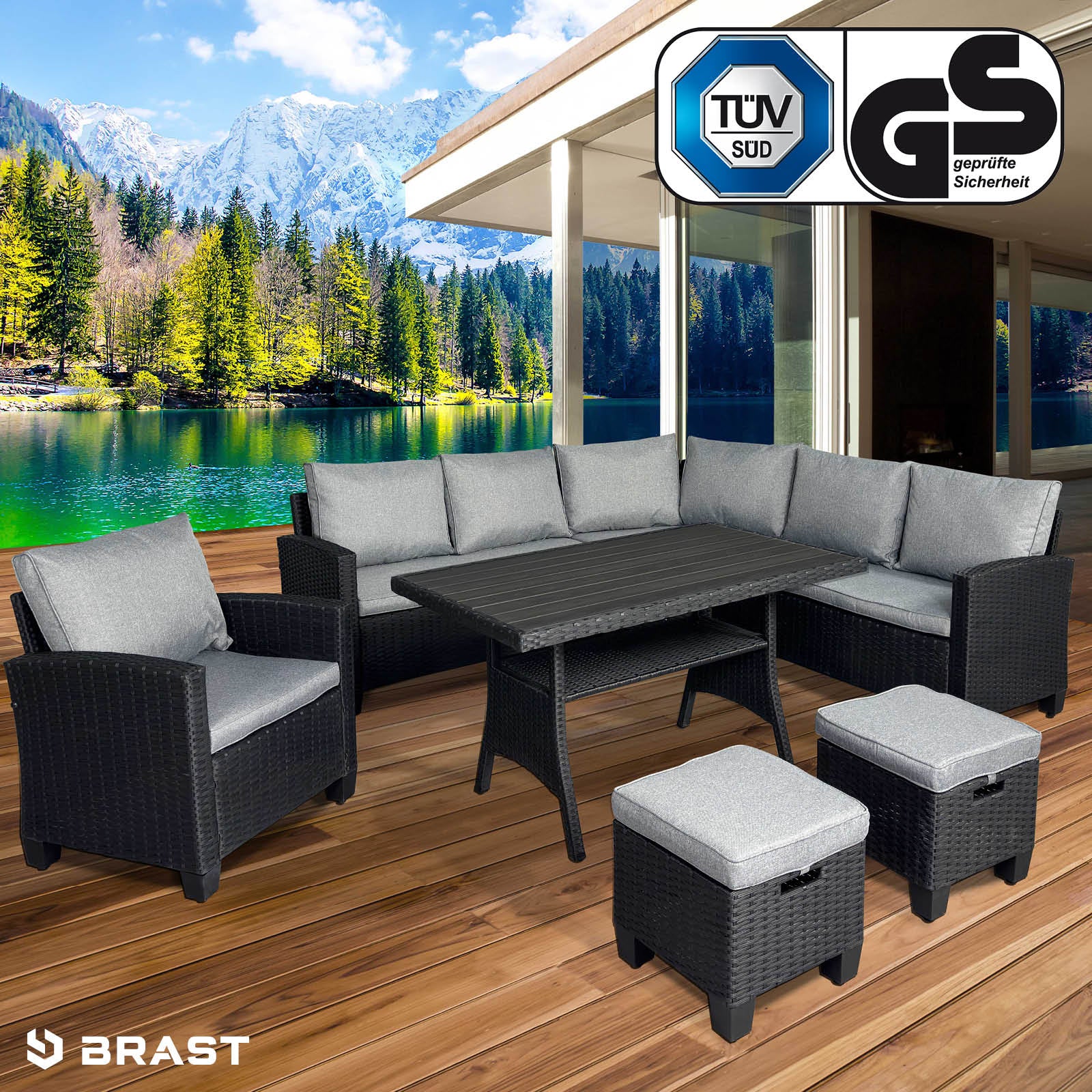 Schwarze Polyrattan Gartengarnitur mit grauen Kissen, Eck-Sitzgruppe Garten mit Tisch und zwei Hockern, Balkon Sitzgruppe.