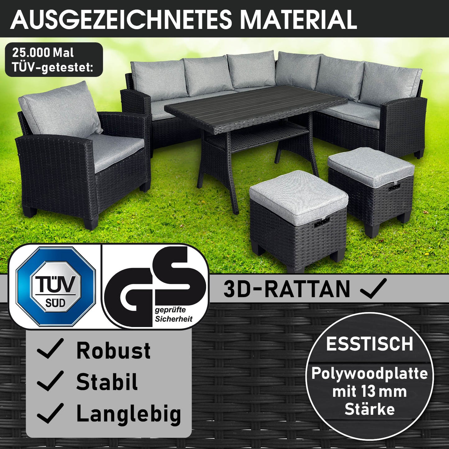 Schwarze Polyrattan Gartengarnitur mit grauen Polstern, L-förmige Sitzgruppe Garten mit Esstisch und Hockern, moderne Rattan .