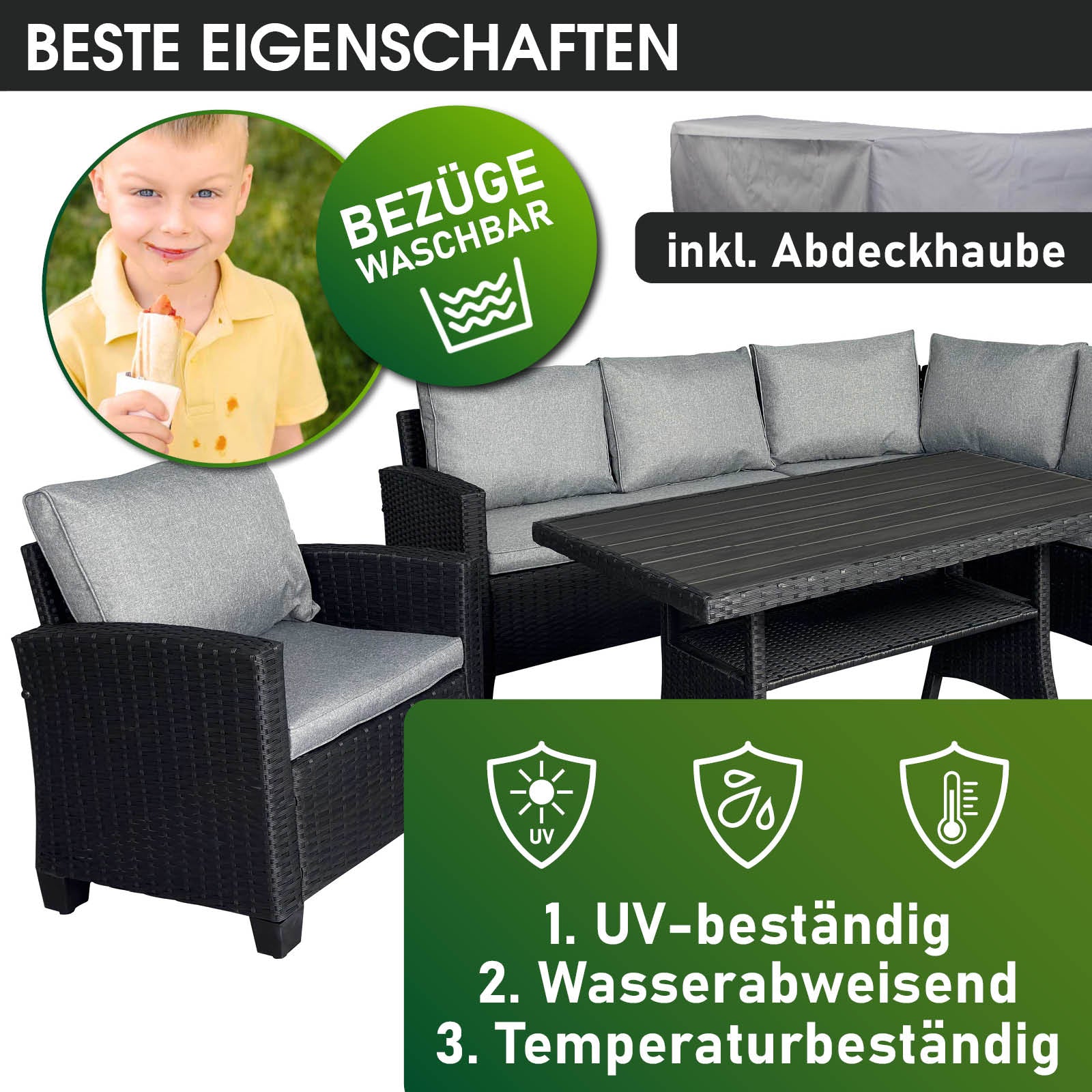 Schwarze Polyrattan Gartengarnitur mit grauen Kissen, bestehend aus Eck-Sitzgruppe Garten und passendem Tisch, wetterfeste.
