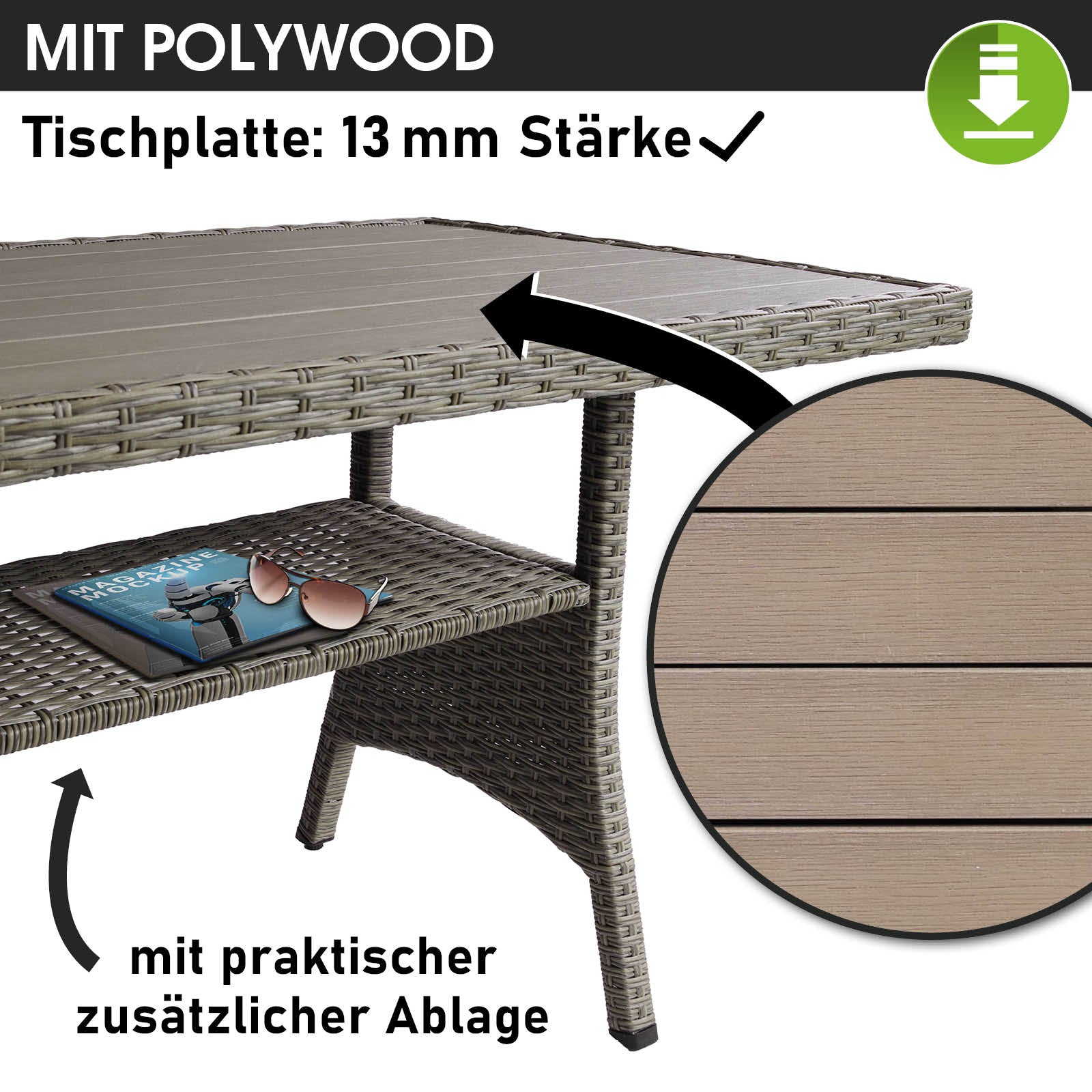 Braune Polyrattan Gartengarnitur mit beigefarbener Polywood-Tischplatte und Ablage, Sitzgruppe Garten, Rattan Sitzgruppe,.