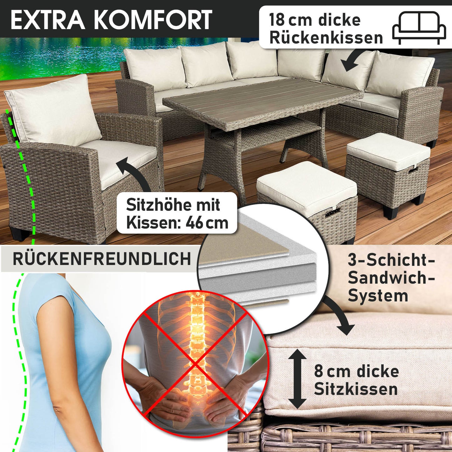 Braune Polyrattan Gartengarnitur mit beige Kissen, Eck-Sitzgruppe Garten mit Tisch und Hockern, Balkon Sitzgruppe aus.