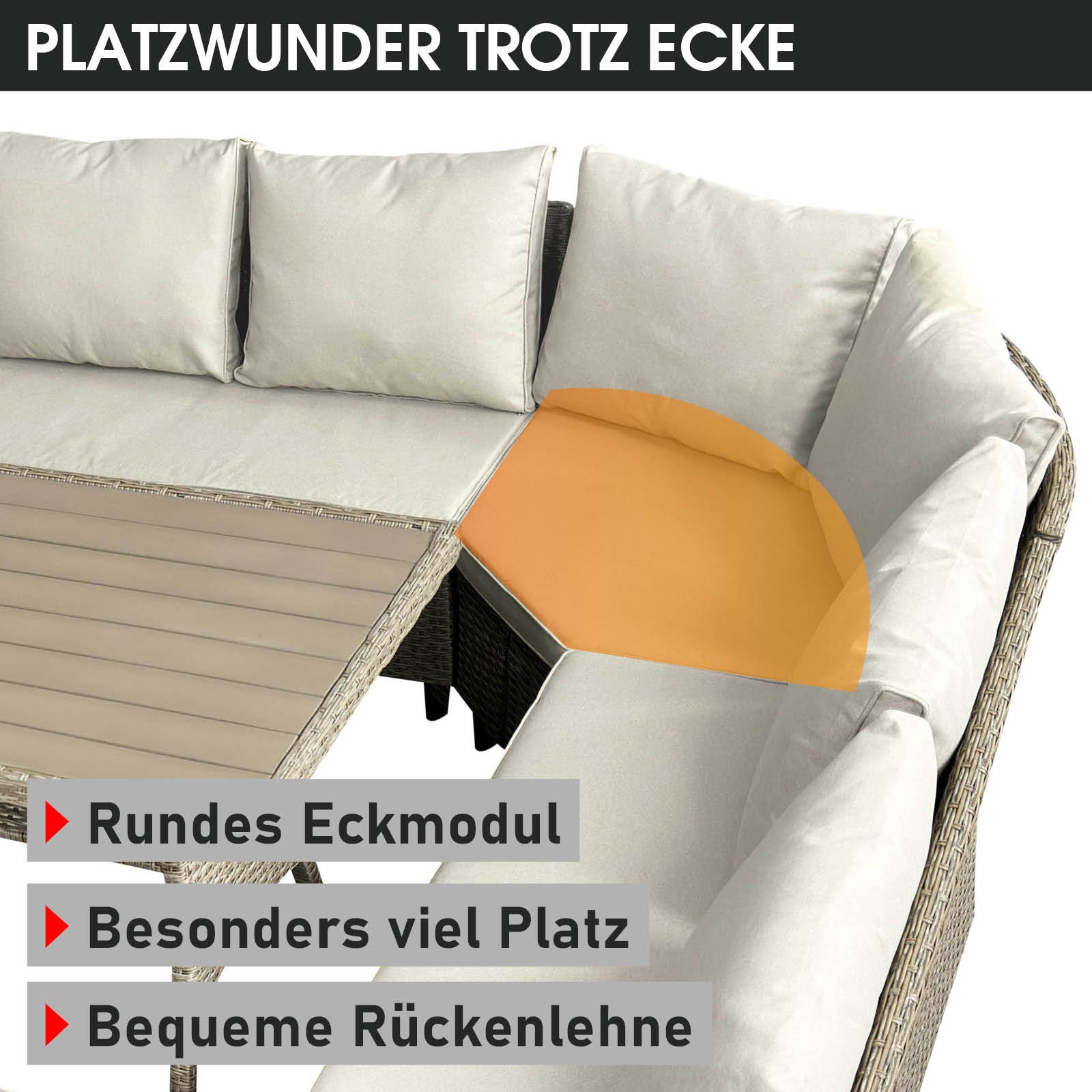 Braune Polyrattan Gartengarnitur mit beige Polstern, rundes Eckmodul, bequeme Rückenlehne, Sitzgruppe Garten für Balkon und.