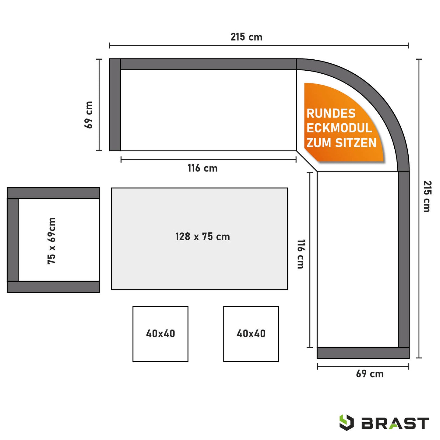 Braune Polyrattan Eck Sitzgruppe mit beigen Polstern, runde Sitzecke, Gartenmöbel Sitzgruppe für Balkon und Garten.