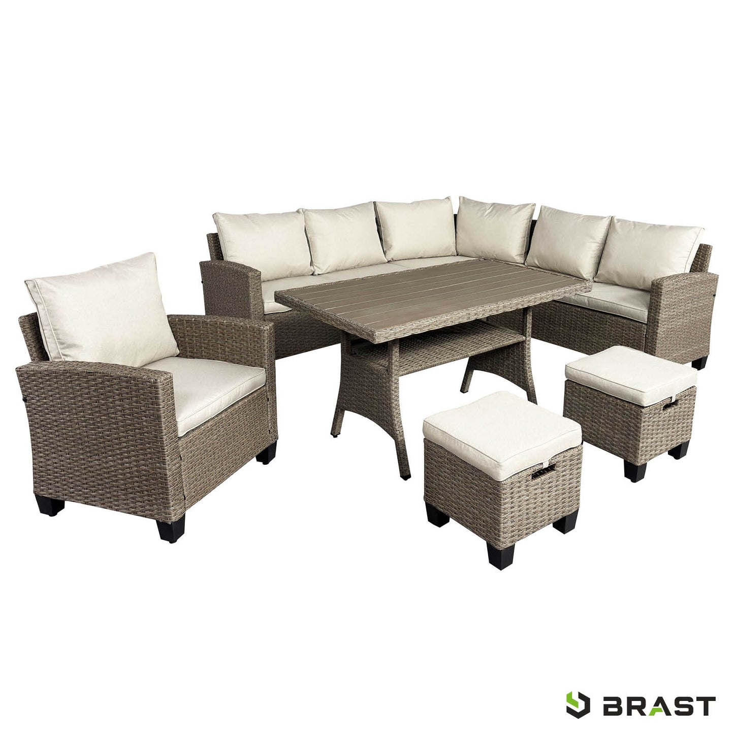 Braune Polyrattan Eck Sitzgruppe mit beigen Polstern, Tisch und Hocker, gartengarnitur für balkon und garten sitzgruppe.