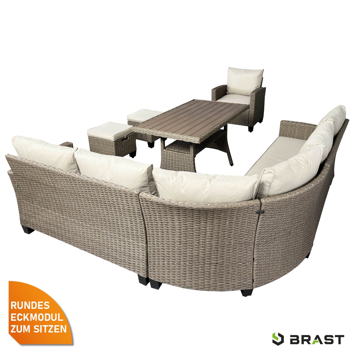 Braune Polyrattan Eck Gartengarnitur mit beigen Kissen, Rattan Sitzgruppe für Garten und Balkon.