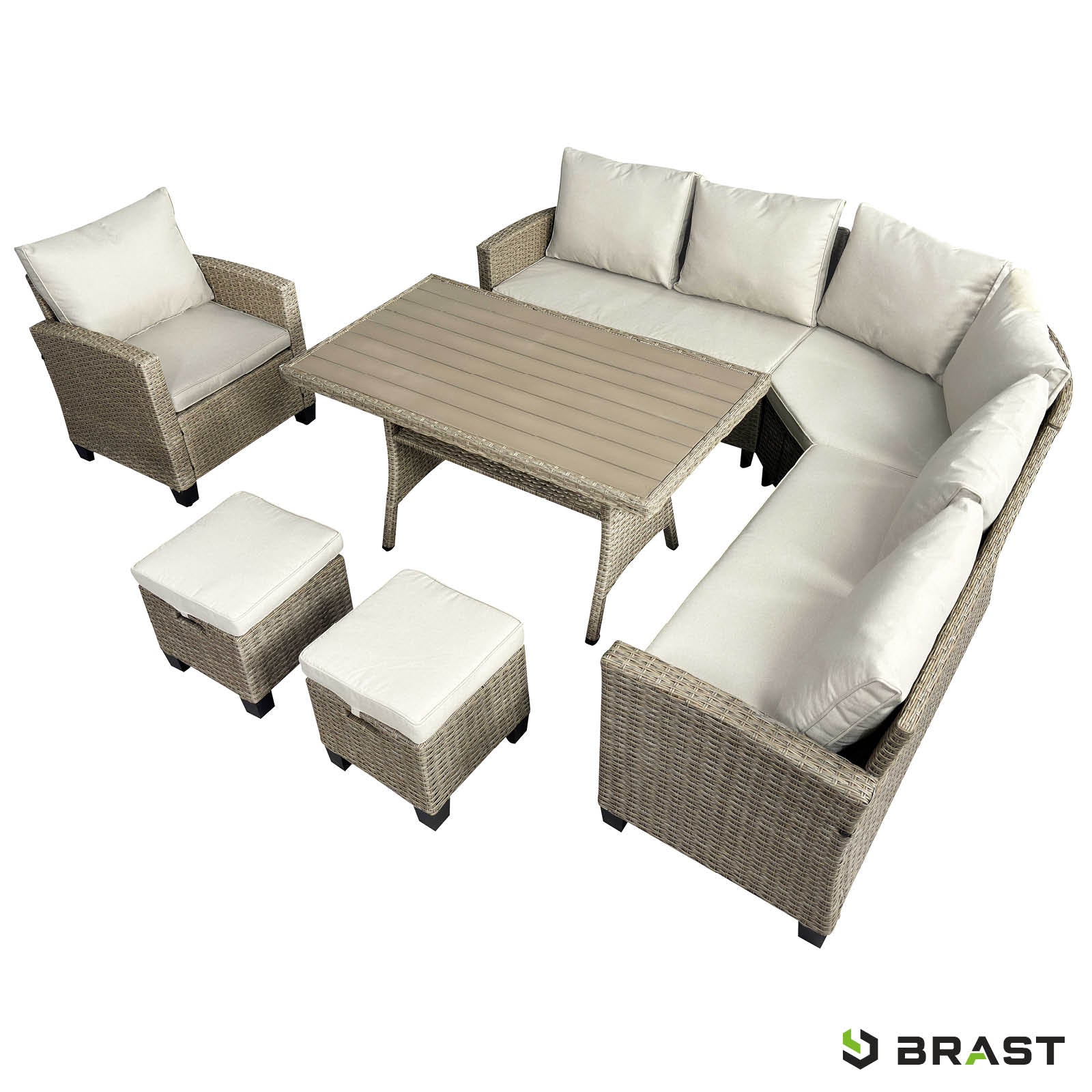 Braune Polyrattan Gartengarnitur mit beigen Polstern, Eck-Sitzgruppe Garten mit Tisch und Hockern, Balkon Sitzgruppe und.