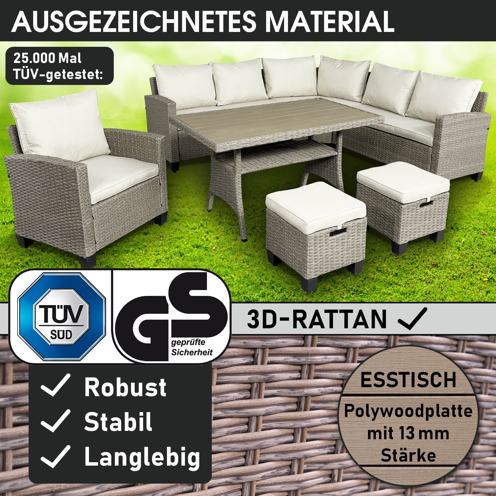 Polyrattan Eck Sitzgruppe in Braun und Beige mit Polstern, Gartengarnitur für Garten und Balkon, stabile Gartenmöbel.