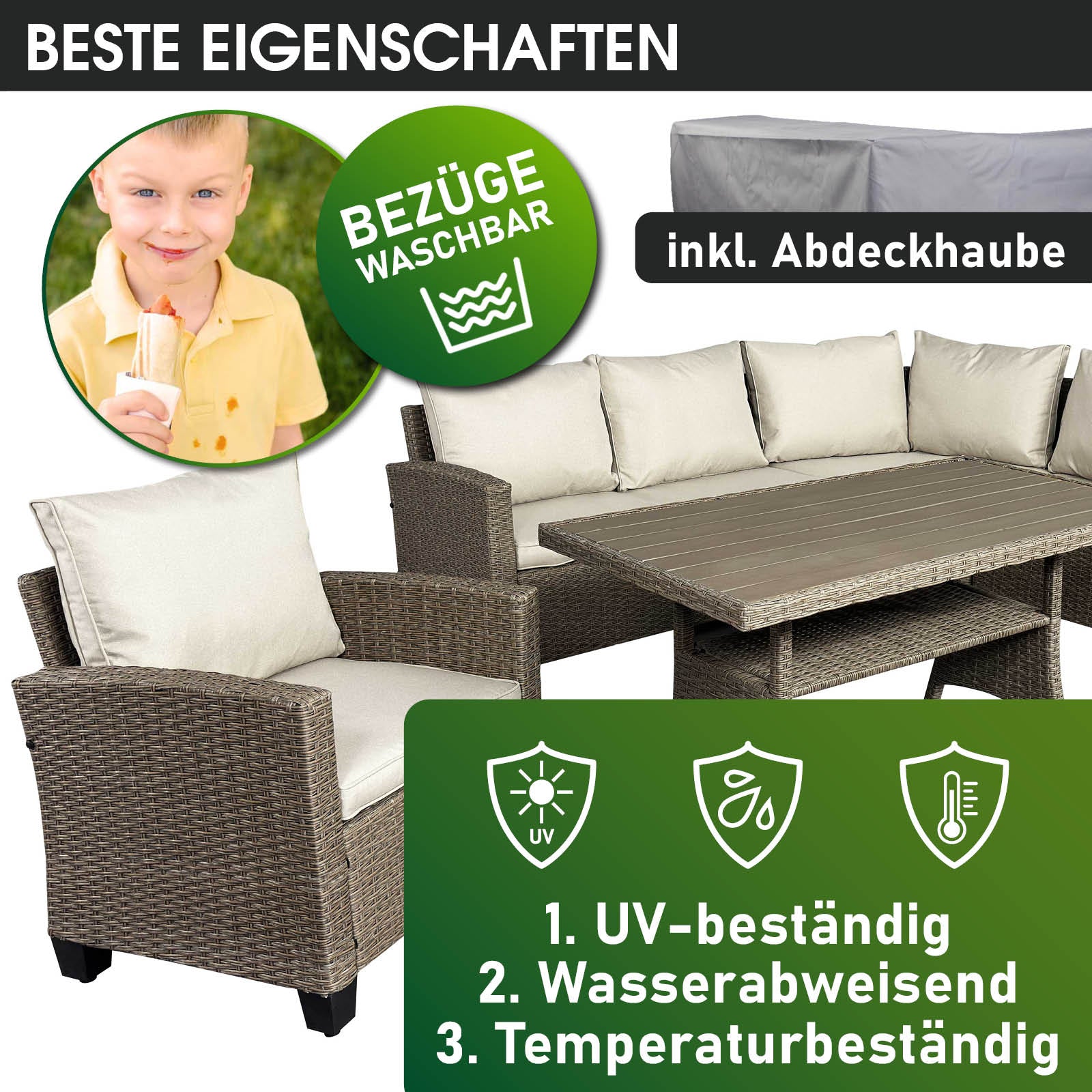 Braune Polyrattan Gartengarnitur mit beigen Kissen, wetterfeste Rattan Sitzgruppe Garten mit Tisch und Abdeckhaube.
