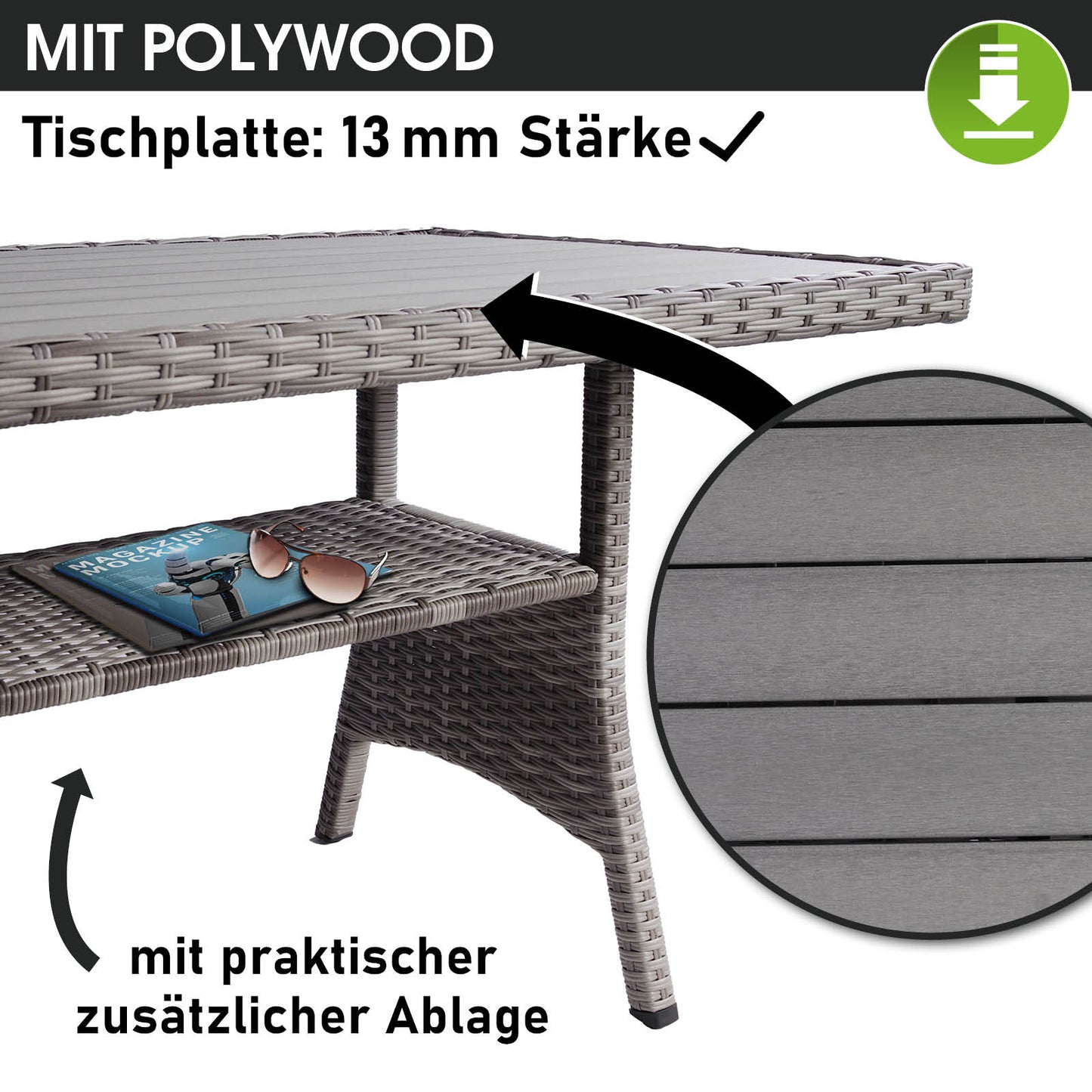 Grau- anthrazitfarbene Polyrattan Gartengarnitur mit Tischplatte aus Polywood und Ablagefläche, Sitzgruppe Garten.
