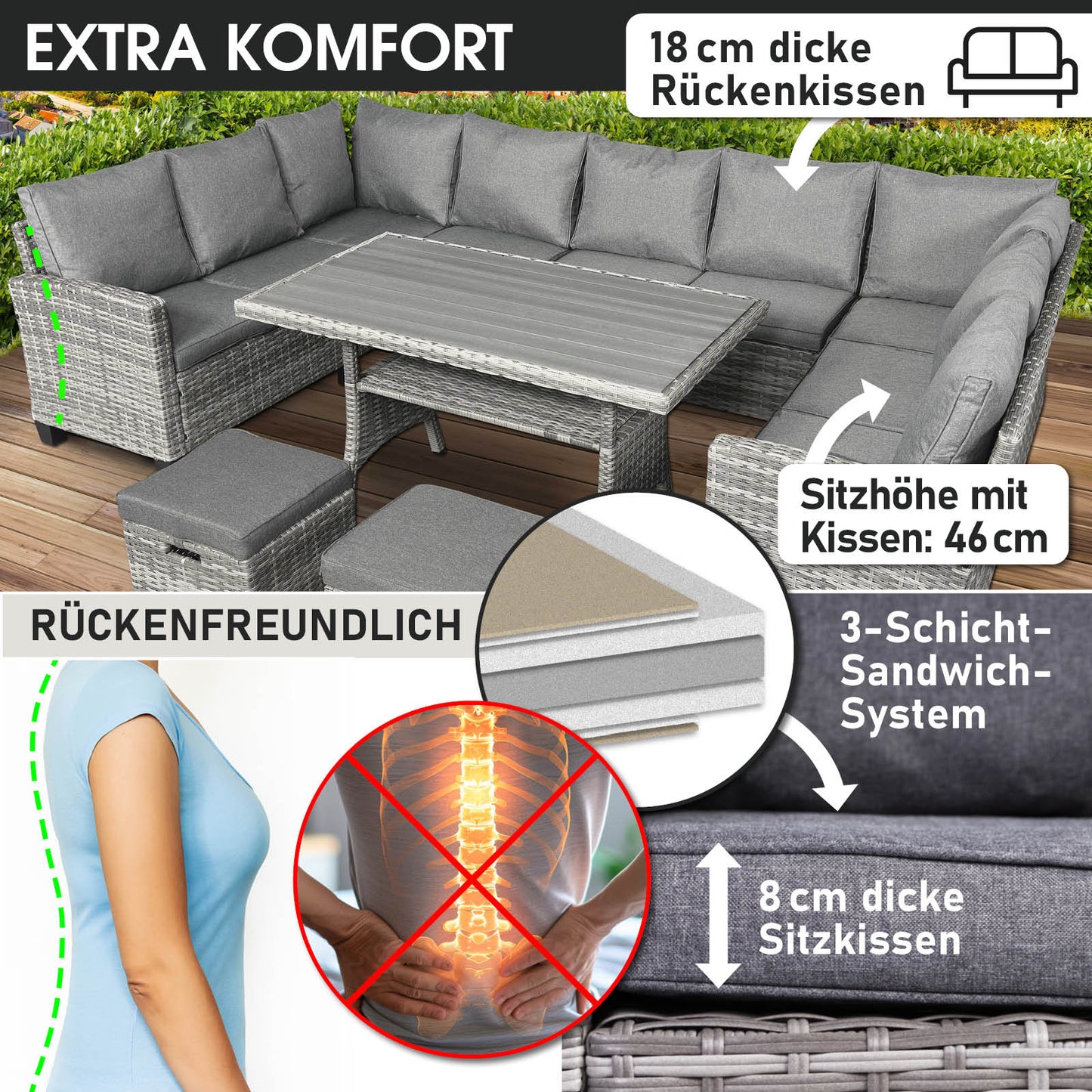 Graue Polyrattan Gartengarnitur mit grauen Sitz- und Rückenkissen, L-Form, wetterfeste Gartenmöbel Sitzgruppe für Balkon und .