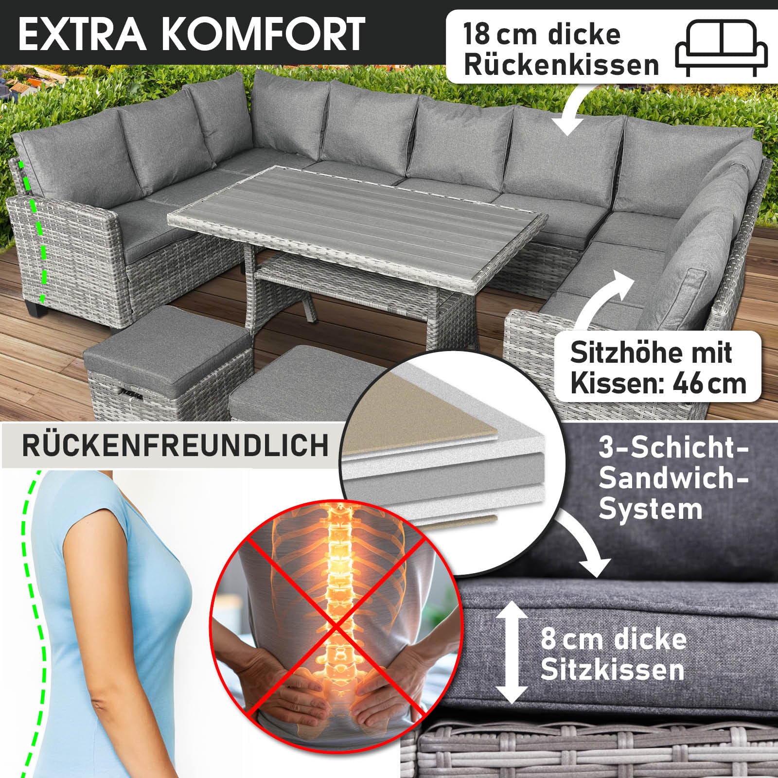 Graue Polyrattan Gartengarnitur mit grauen Sitz- und Rückenkissen, L-Form, wetterfeste Gartenmöbel Sitzgruppe für Balkon und .