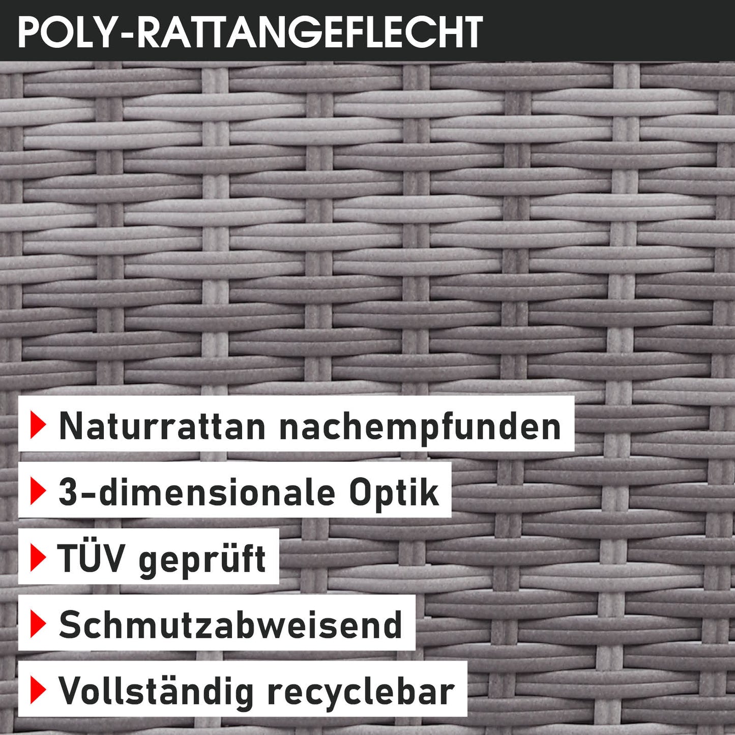 Graue Polyrattan Gartengarnitur mit 3D-Optik, schmutzabweisend und TÜV geprüft, moderne Gartenmöbel Sitzgruppe.