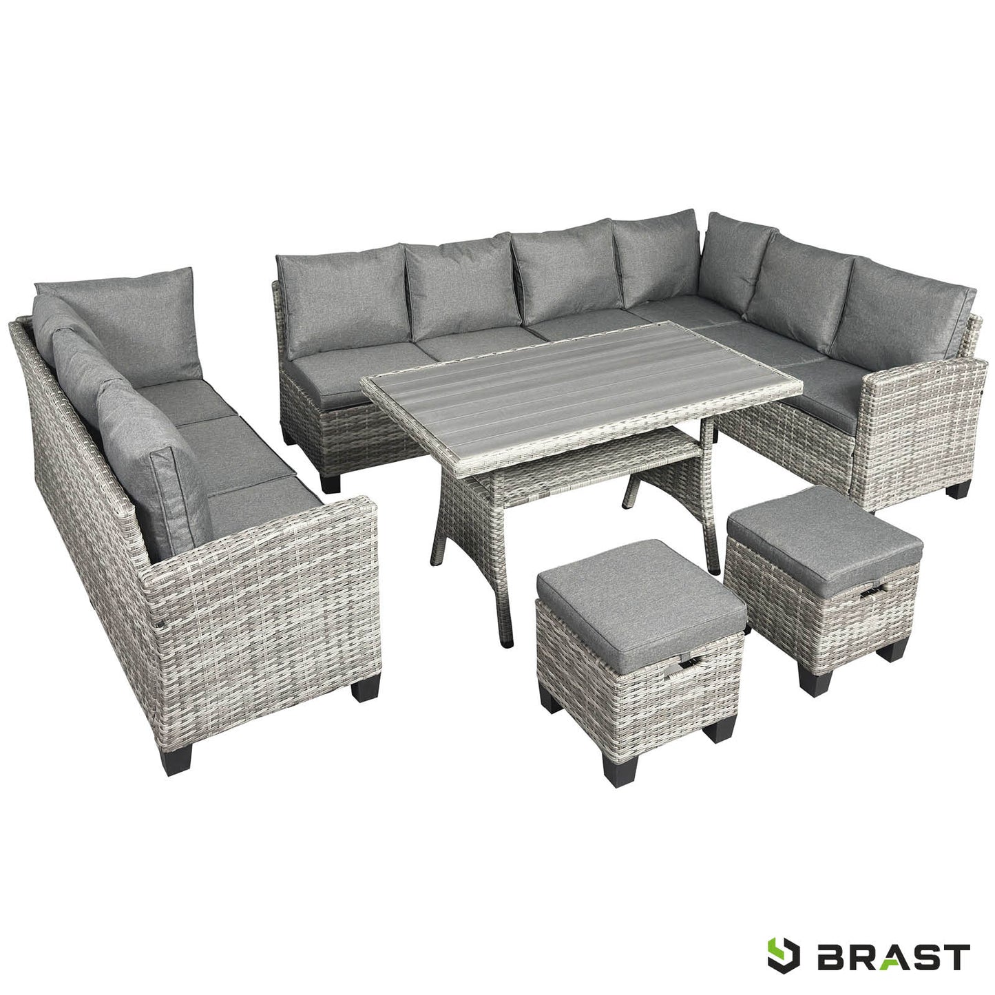 Grau-weiße Polyrattan Gartengarnitur mit grauen Polstern, eckige Rattan Sitzgruppe Garten mit Tisch und Hockern.