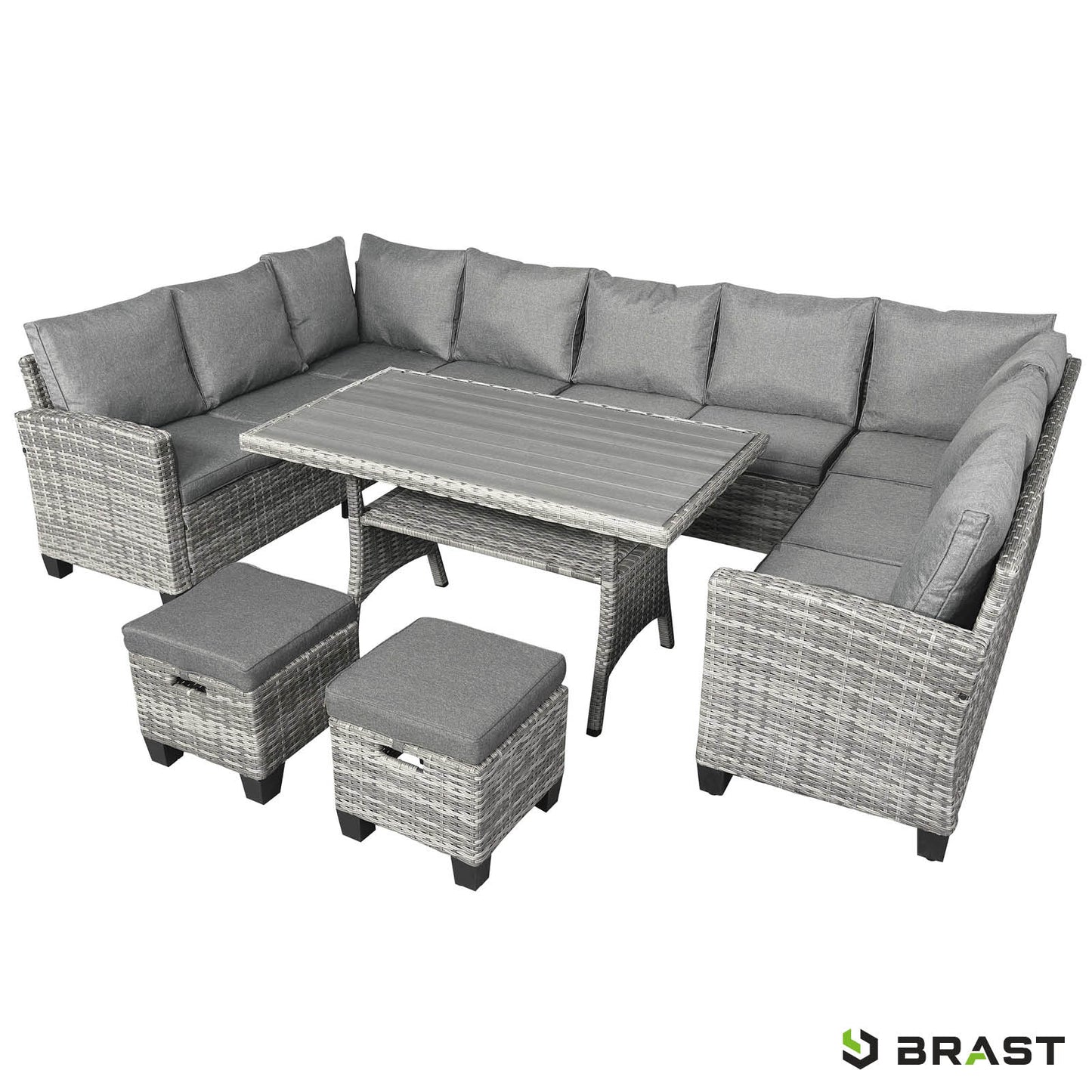 Graue Polyrattan Gartengarnitur mit XL-Ecksofa, Tisch und gepolsterten Hockern, Sitzgruppe Garten, Balkon Sitzgruppe.