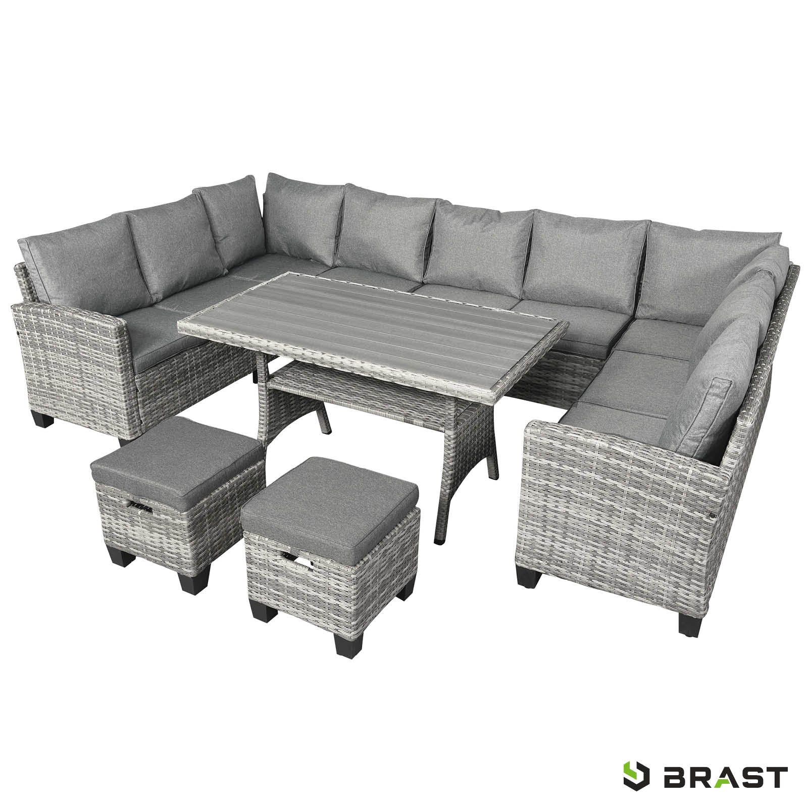 Graue Polyrattan Gartengarnitur mit XL-Ecksofa, Tisch und gepolsterten Hockern, Sitzgruppe Garten, Balkon Sitzgruppe.