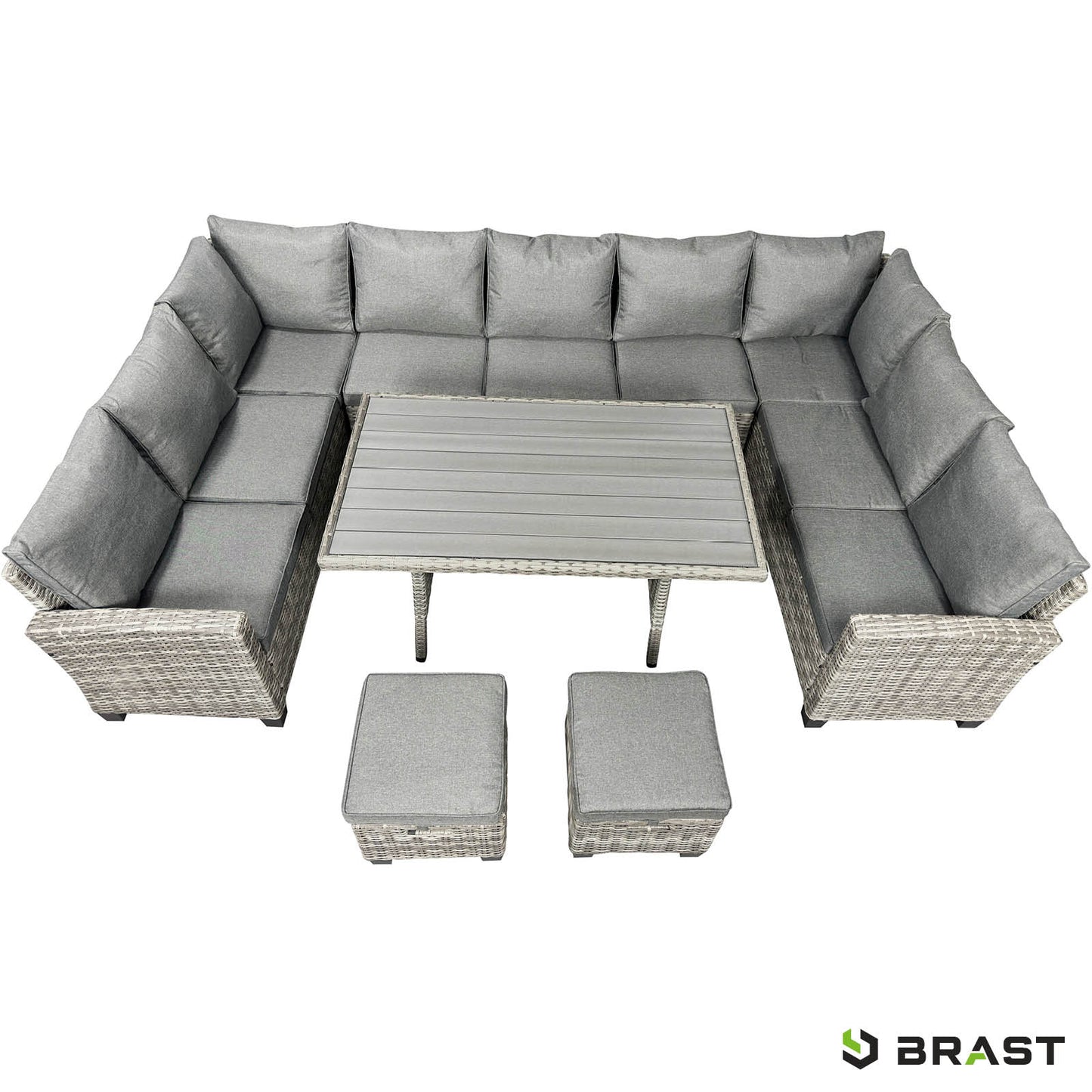 Graue Polyrattan Gartengarnitur mit großer L-Form Sitzgruppe Garten, Tisch und Hocker, Balkon Sitzgruppe modern.