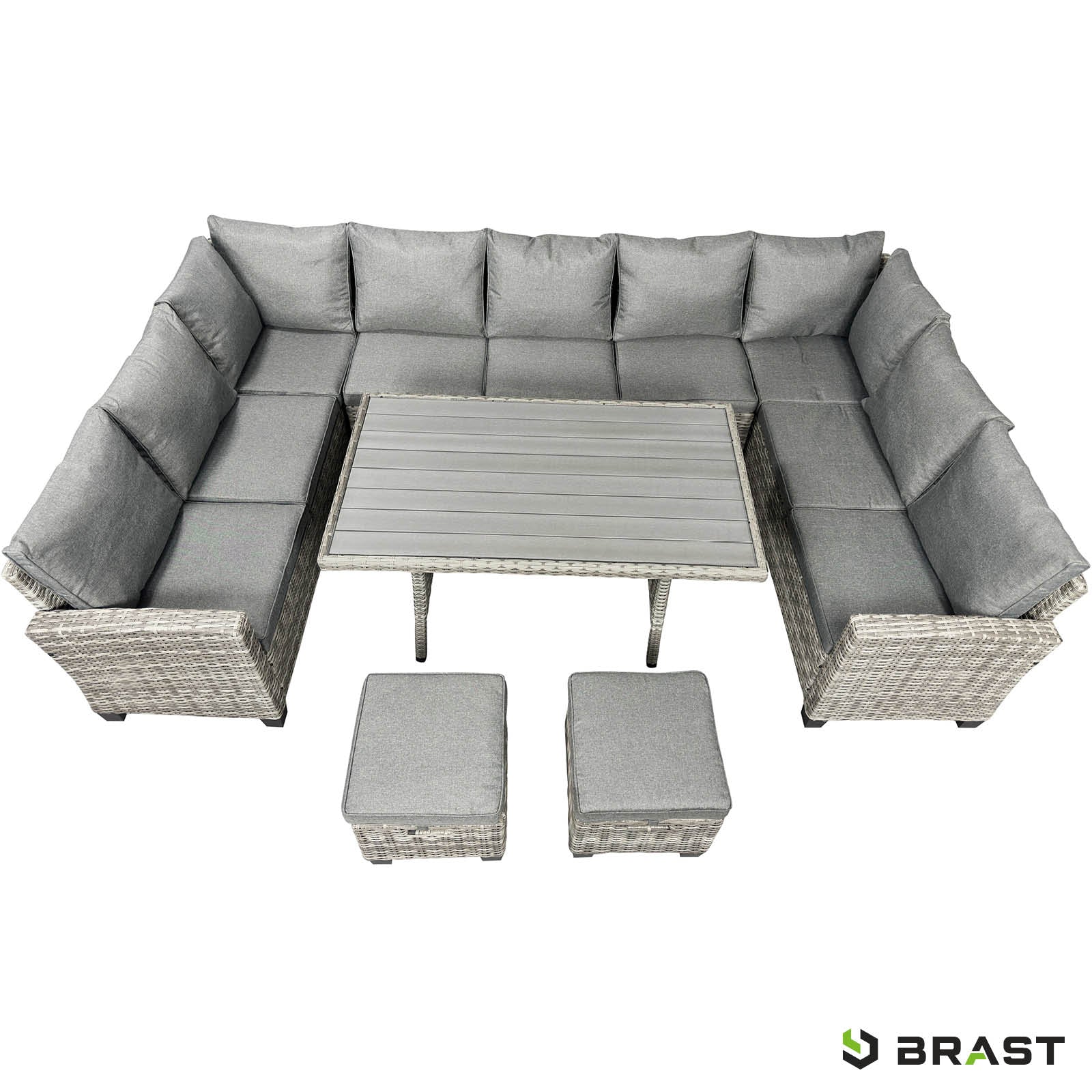 Graue Polyrattan Gartengarnitur mit großer L-Form Sitzgruppe Garten, Tisch und Hocker, Balkon Sitzgruppe modern.