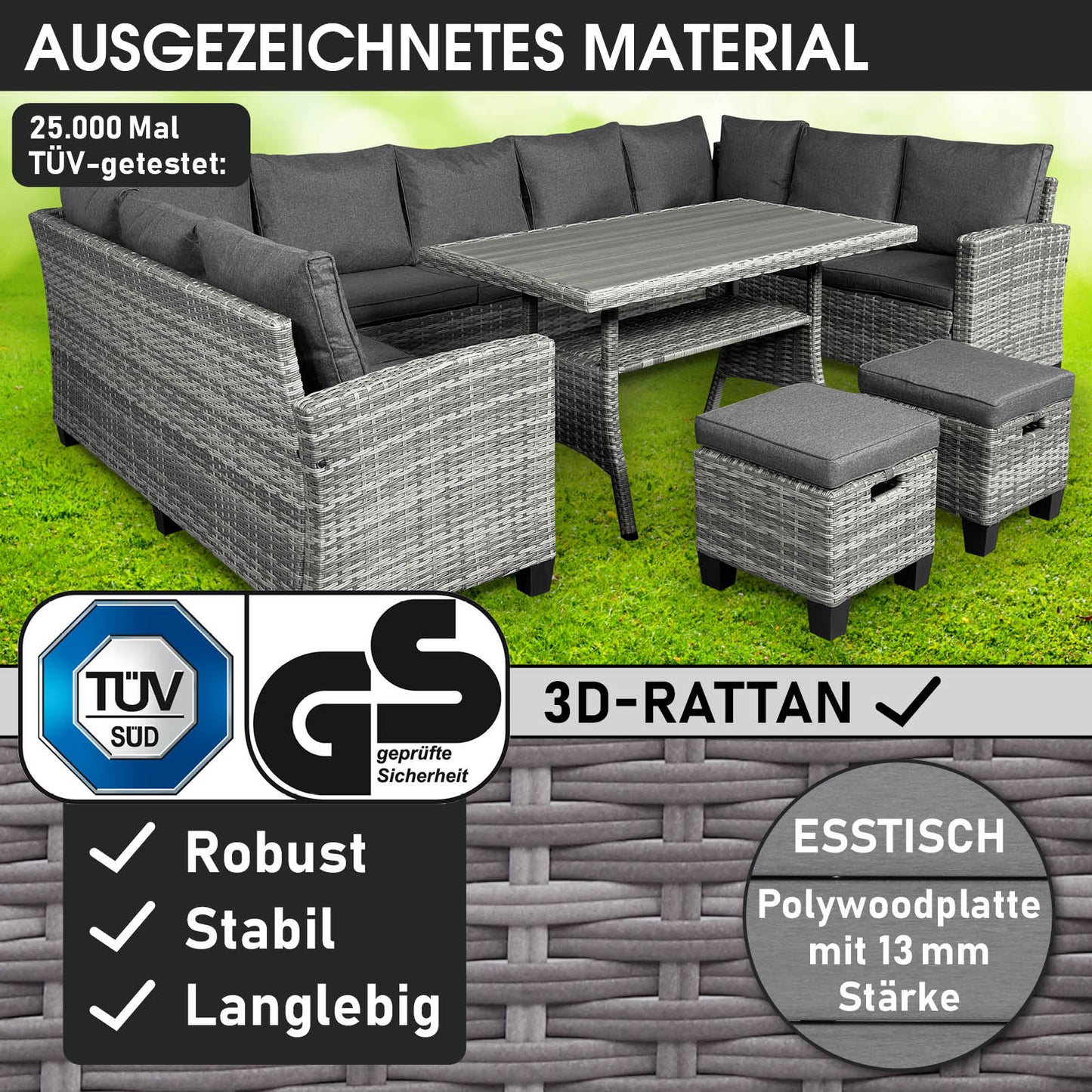 Grau-anthrazitfarbene Polyrattan Gartengarnitur mit Ecksofa, Tisch und Hockern, Gartenmöbel Sitzgruppe.