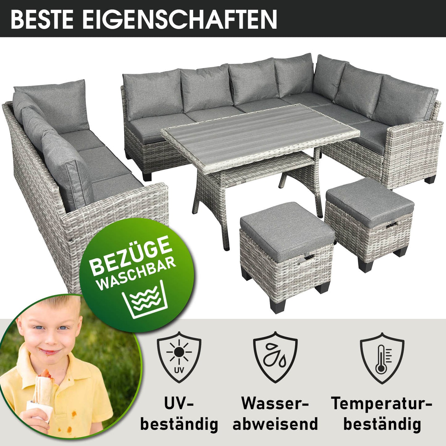 Grau-anthrazit Polyrattan Gartengarnitur mit Ecksofa, Tisch und Hockern, wetterfeste Gartenmöbel Sitzgruppe.