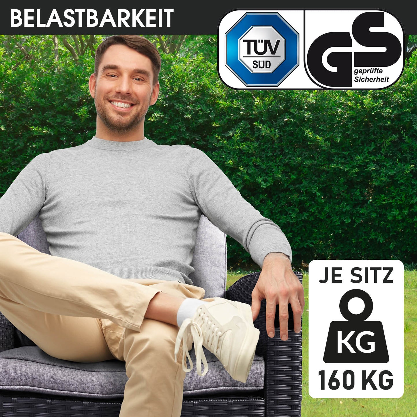 Moderne schwarze Polyrattan Garten Sitzgruppe mit grauen Kissen, robuste Gartenmöbel Sitzgruppe für Balkon und Garten.