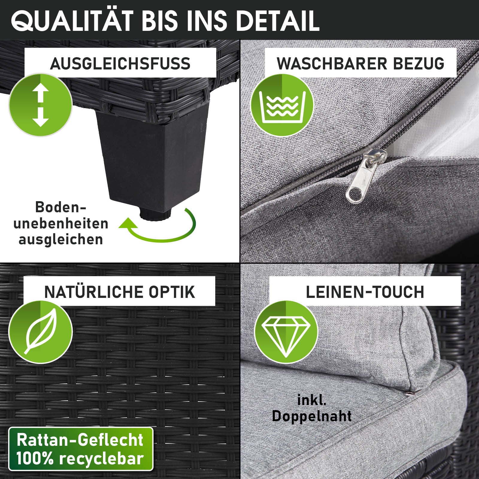 Schwarze Polyrattan Gartengarnitur mit grauen, waschbaren Sitzbezügen und verstellbaren Ausgleichsfüßen.