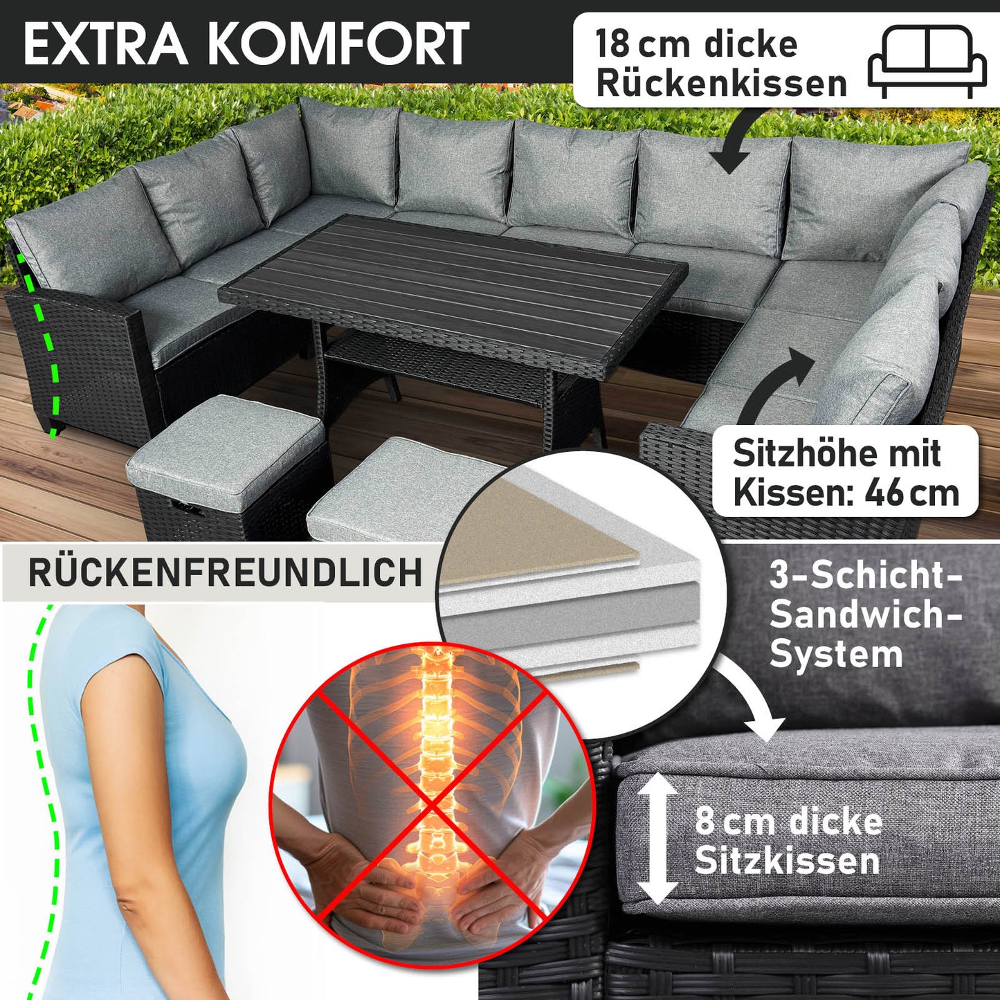 Schwarze Polyrattan Gartengarnitur mit grauen, dicken Sitz- und Rückenkissen, moderne Gartenmöbel Sitzgruppe für Balkon und.