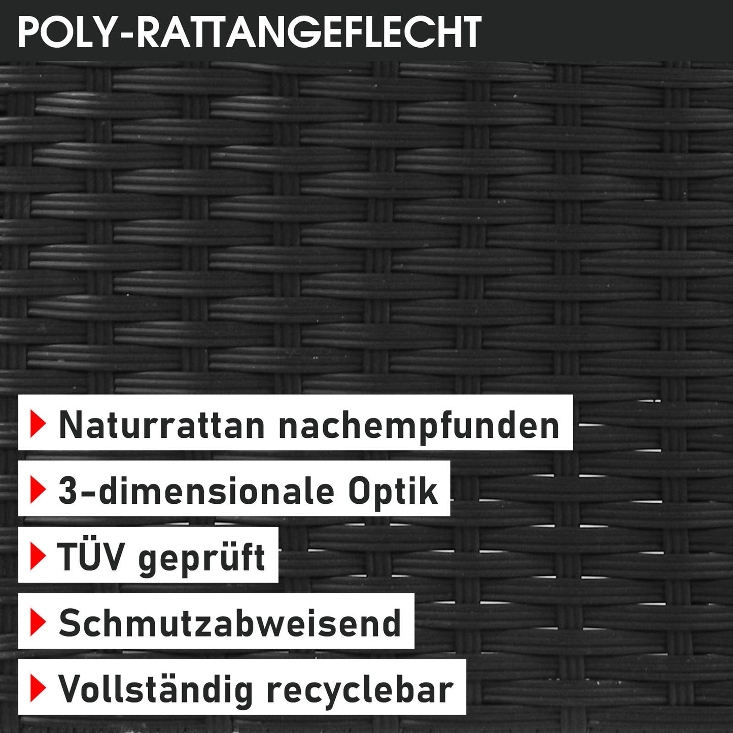 Schwarzes Polyrattan-Geflecht mit 3D-Optik, schmutzabweisend, für Gartenmöbel und Sitzgruppe Garten.