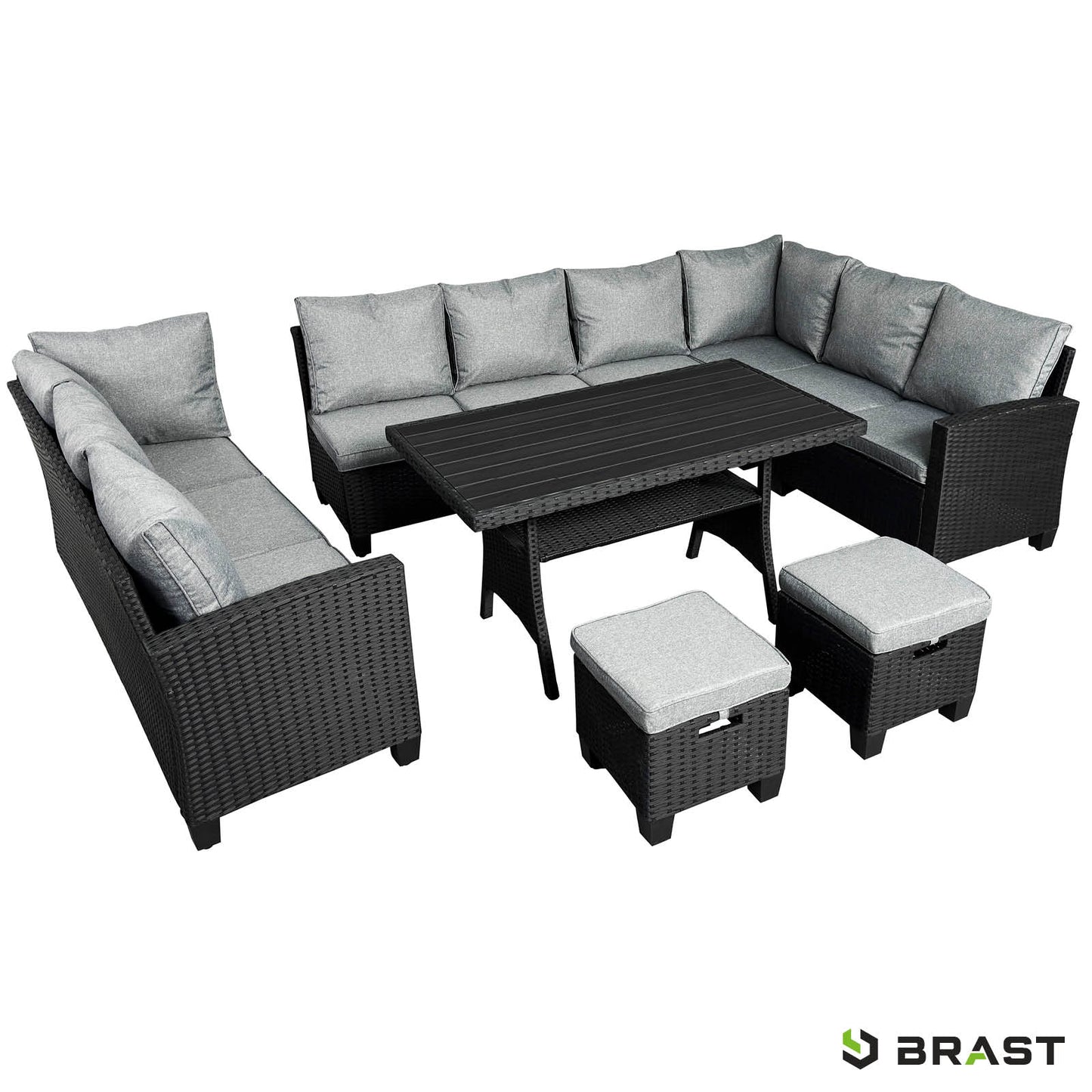 Schwarze Polyrattan Gartengarnitur mit grauen Kissen, Ecksofa, Tisch und Hockern, Sitzgruppe Garten.