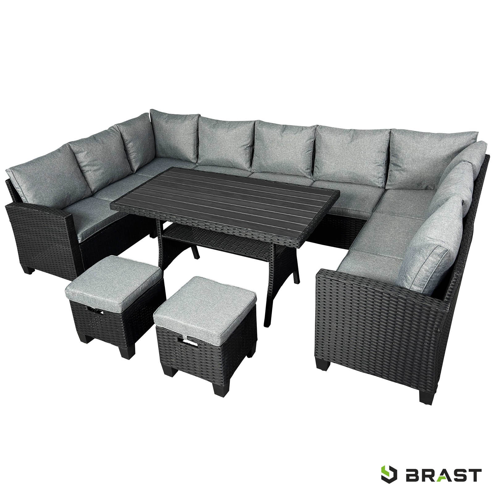 Polyrattan Gartengarnitur FAMILY schwarz-grau, großzügige eckige Sitzgruppe Garten mit grauen Polstern und Tisch, moderne.