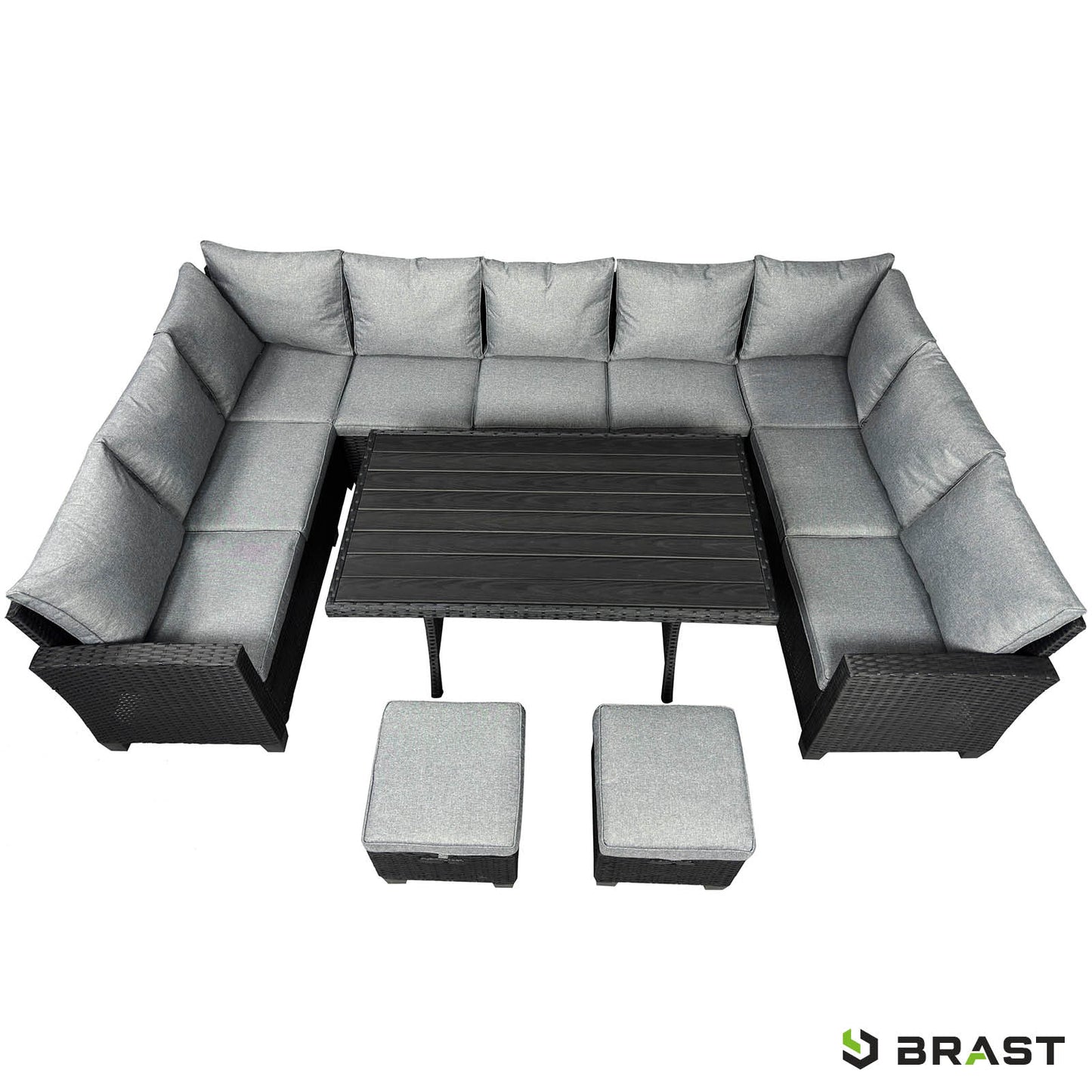 Schwarze Polyrattan Garten Sitzgruppe mit grauen Kissen, L-Form, Tisch und zwei Hockern, moderne Gartengarnitur für Balkon.