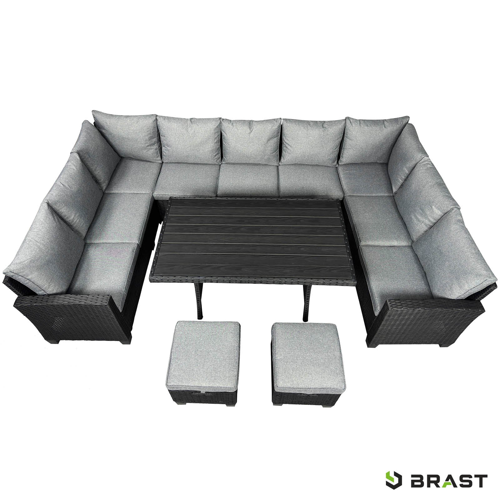 Schwarze Polyrattan Garten Sitzgruppe mit grauen Kissen, L-Form, Tisch und zwei Hockern, moderne Gartengarnitur für Balkon.