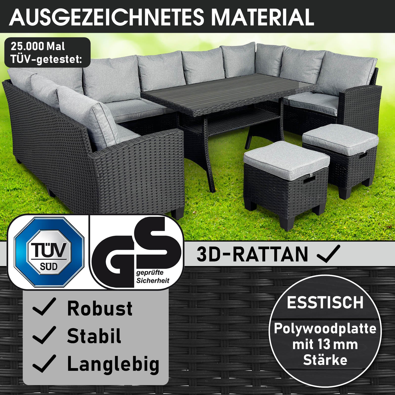 Schwarze Polyrattan Garten Sitzgruppe FAMILY mit grauen Kissen, Esstisch und zwei Hockern, robuste Gartengarnitur.