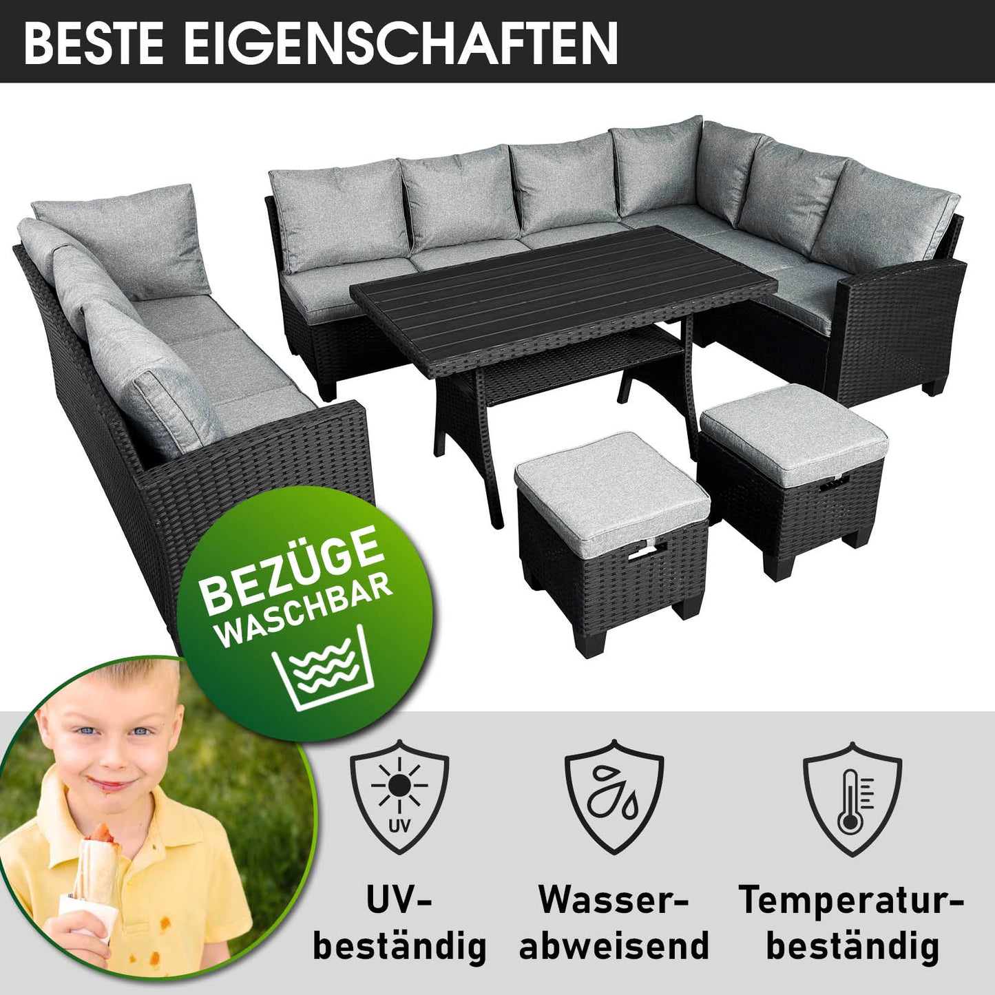 Schwarze Polyrattan Gartengarnitur mit grauen Kissen, große Sitzgruppe Garten mit Tisch und Hockern.