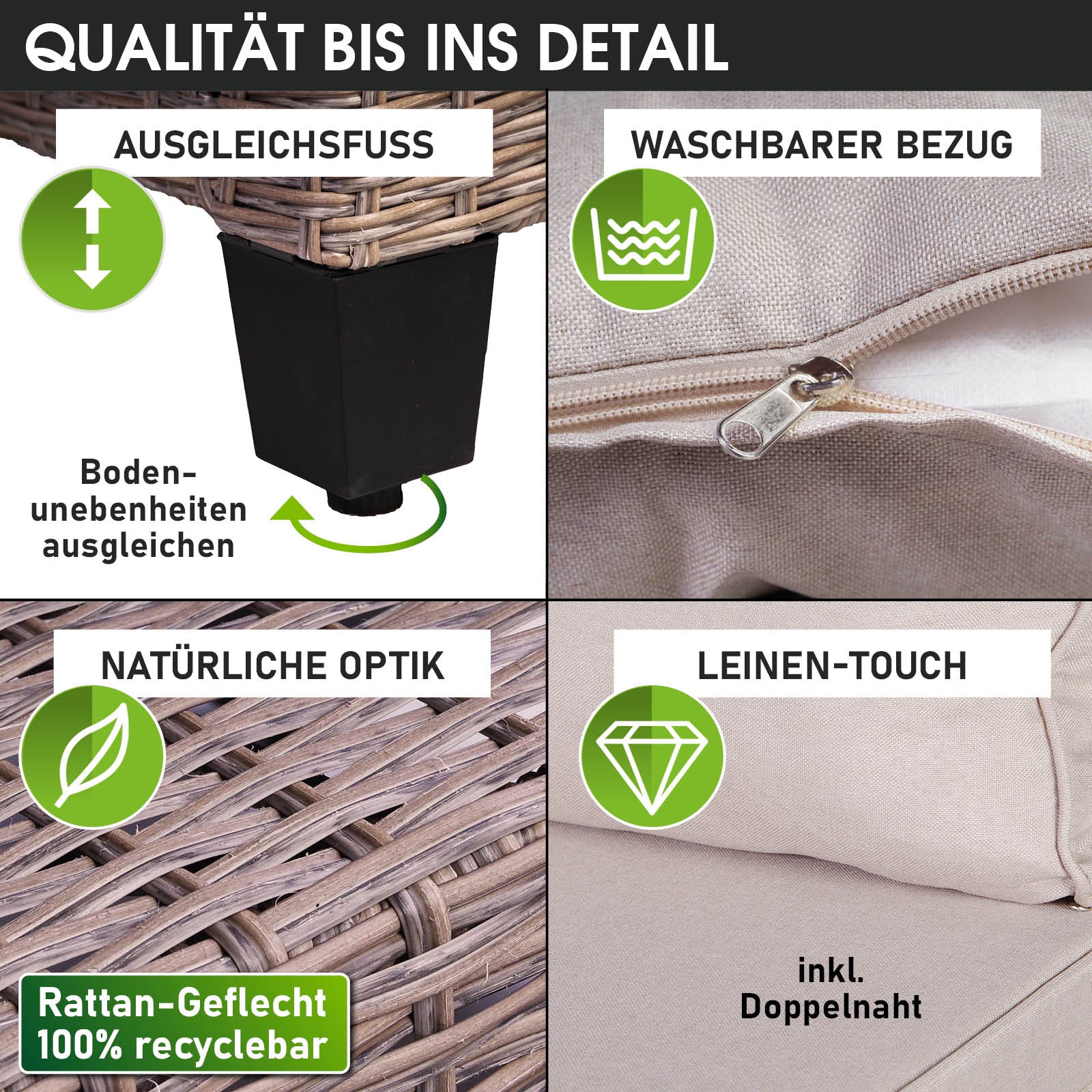 Braune Polyrattan Gartengarnitur mit verstellbarem Ausgleichsfuss, waschbaren Bezügen und natürlicher Rattan-Optik für.