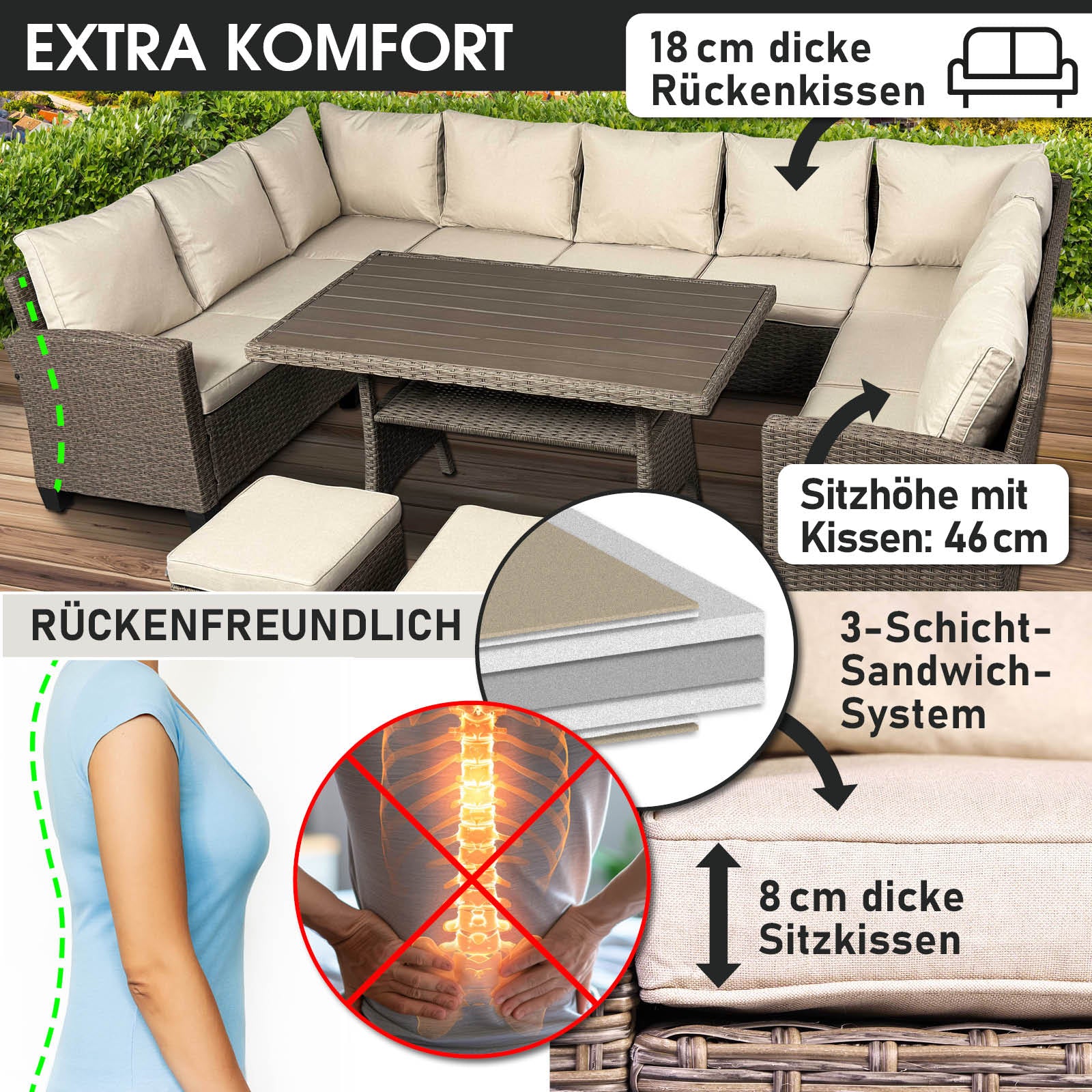 Braune Polyrattan Sitzgruppe Garten mit beigen, 8 cm dicken Sitzkissen und 18 cm Rückenpolstern, Gartengarnitur für Balkon.
