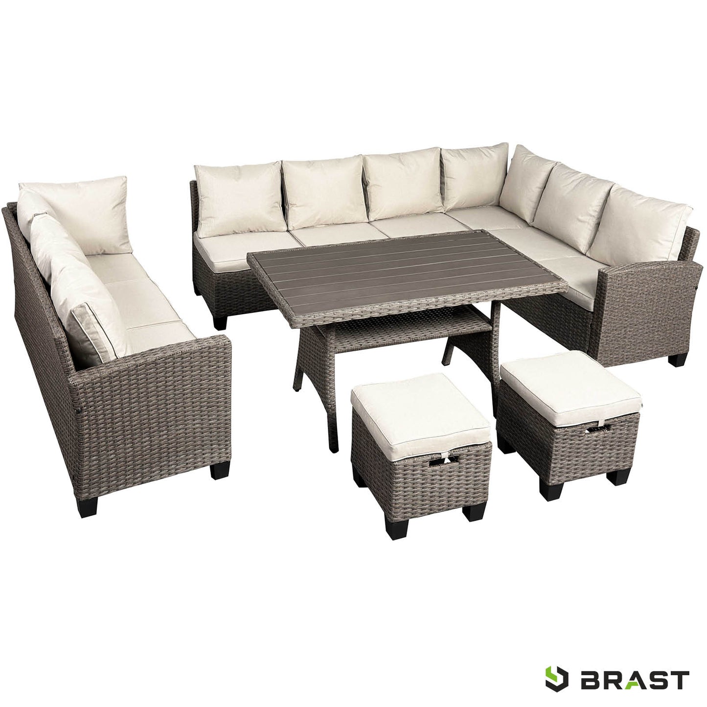Braune Polyrattan Garten Sitzgruppe mit beigen Kissen, Ecksofa, Tisch und Hockern, moderne Gartengarnitur für Balkon und.