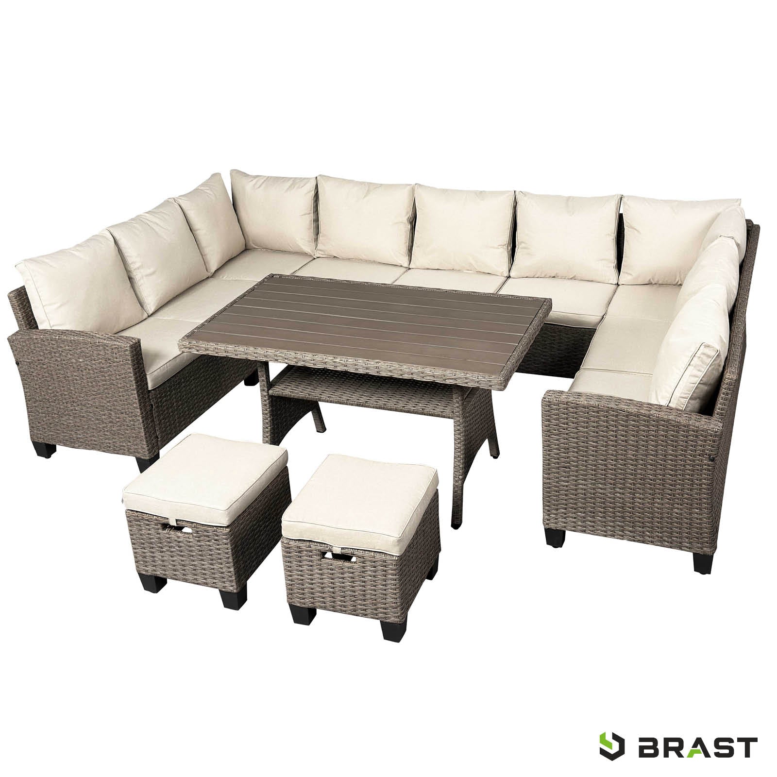 Braune Polyrattan Gartengarnitur mit beige Polstern, eckige Sitzgruppe Garten mit Tisch und Hocker.