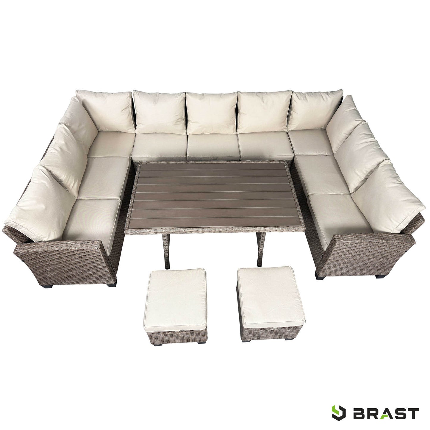 Braune Polyrattan Garten Sitzgruppe mit beige Polster, Ecksofa und quadratischem Tisch, moderne Gartengarnitur für Garten,.