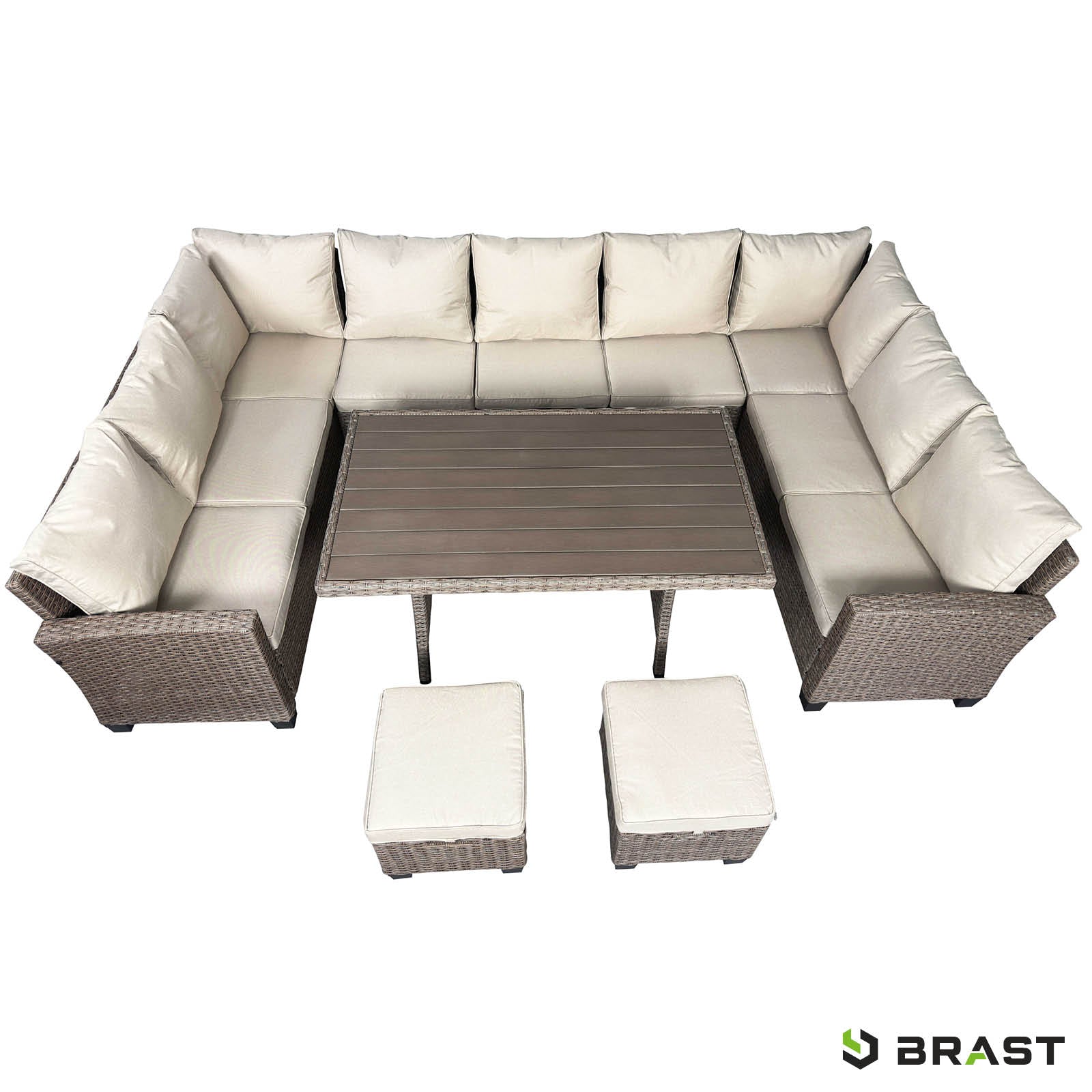 Braune Polyrattan Garten Sitzgruppe mit beige Polster, Ecksofa und quadratischem Tisch, moderne Gartengarnitur für Garten,.