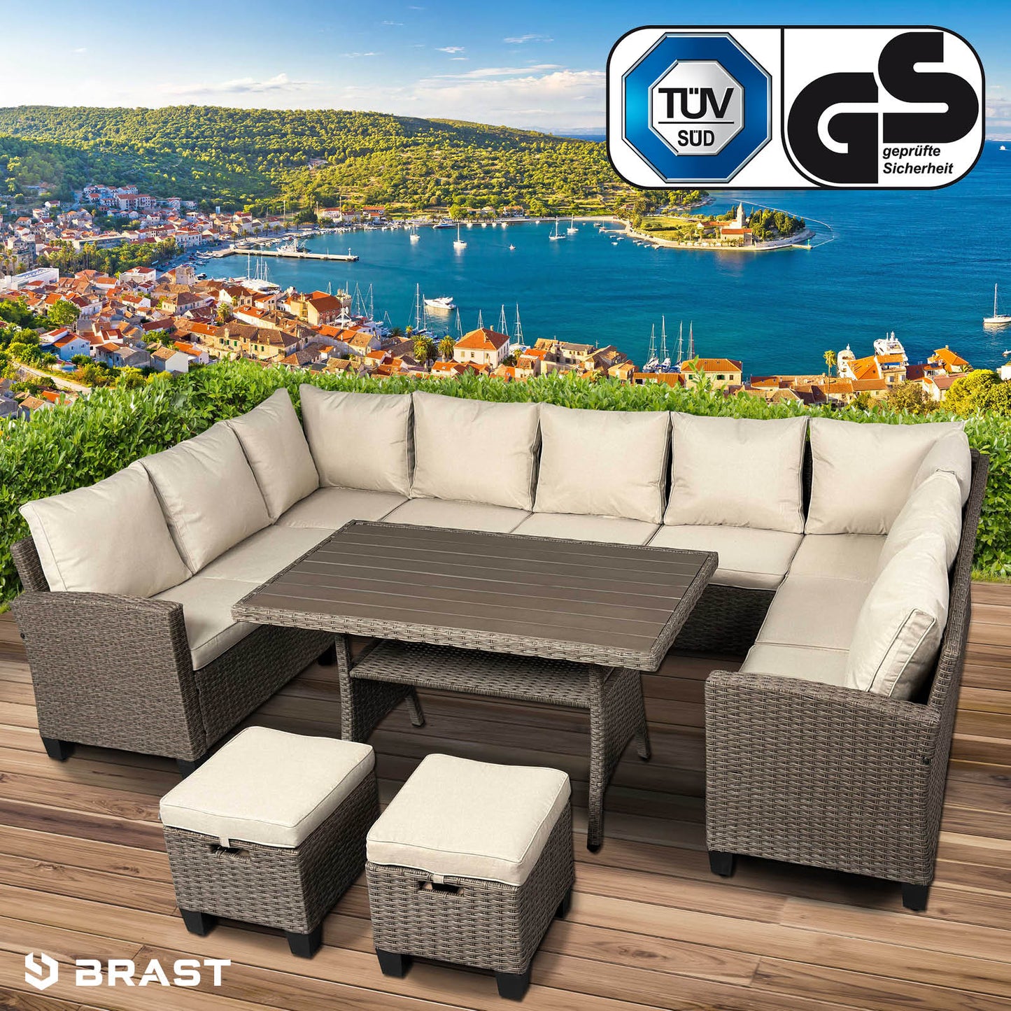 Braune Polyrattan Gartengarnitur mit beigen Sitzkissen, großer Tisch, zwei Hocker, moderne Rattan Sitzgruppe für Garten und.